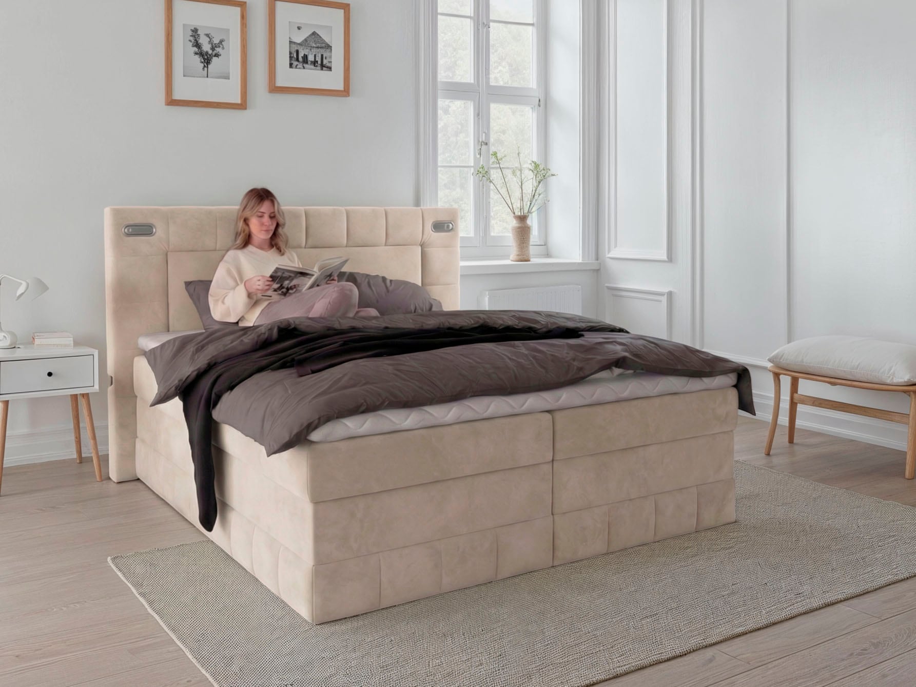 OTTO home Boxbett "PHILIPPA, Polsterbett mit Bettkasten, mit Taschenfederkernmatratze H3" mit Kaltschaum-Topper, Microfaser-Bezug, wahlweise mit LED-Beleuchtung