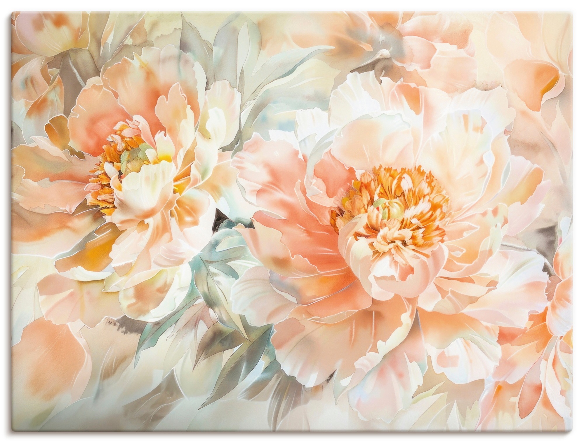 Artland Wandbild "Pfirsisch Farbene Pfingstrosen Aquarell" Blumenbilder 1 Stk. tlg. als Alubild, Leinwandbild, Poster, Wandaufkleber in verschied. Größen