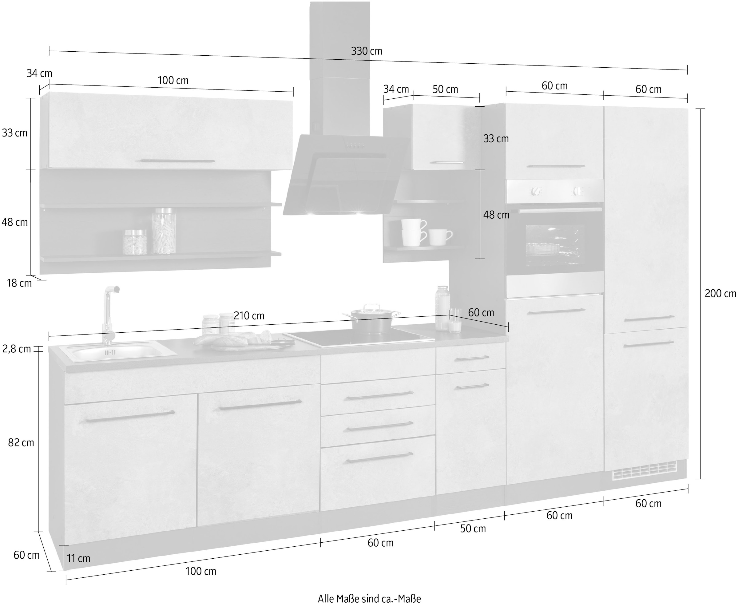 KOCHSTATION Küchenzeile »KS-Tulsa«, ohne E-Geräte, Breite 330 cm, schwarze Metallgriffe, MDF Fronten