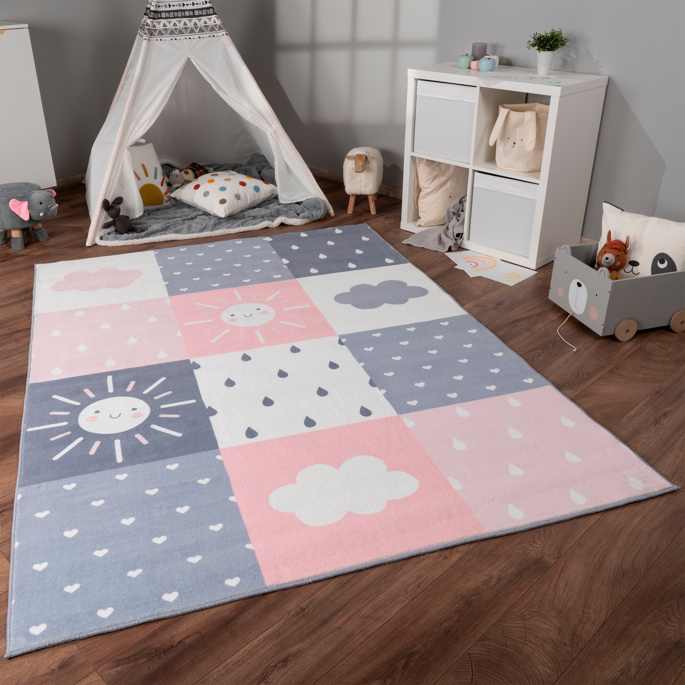 Paco Home Kinderteppich »Eliz 393«, rechteckig, Kurzflor, Spielteppich, Patchwork-Muster, Motiv Sonne, Wolken, Herz