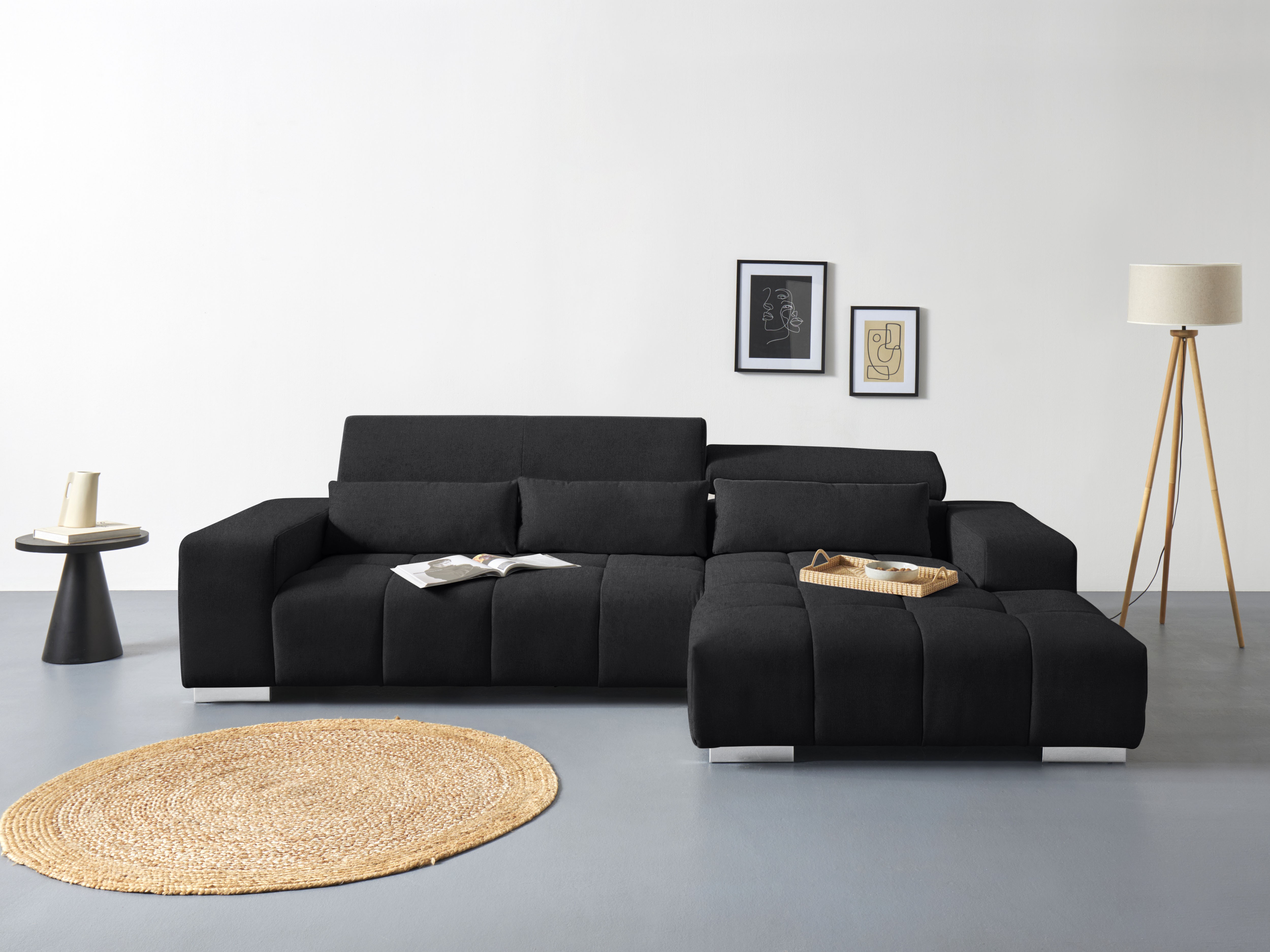 COTTA Ecksofa "Orion L-Form, B: 307 cm, moderne Steppung, bequeme Wellenunterfederung" 2x Kopfteilverstellung & 3 Nierenkissen