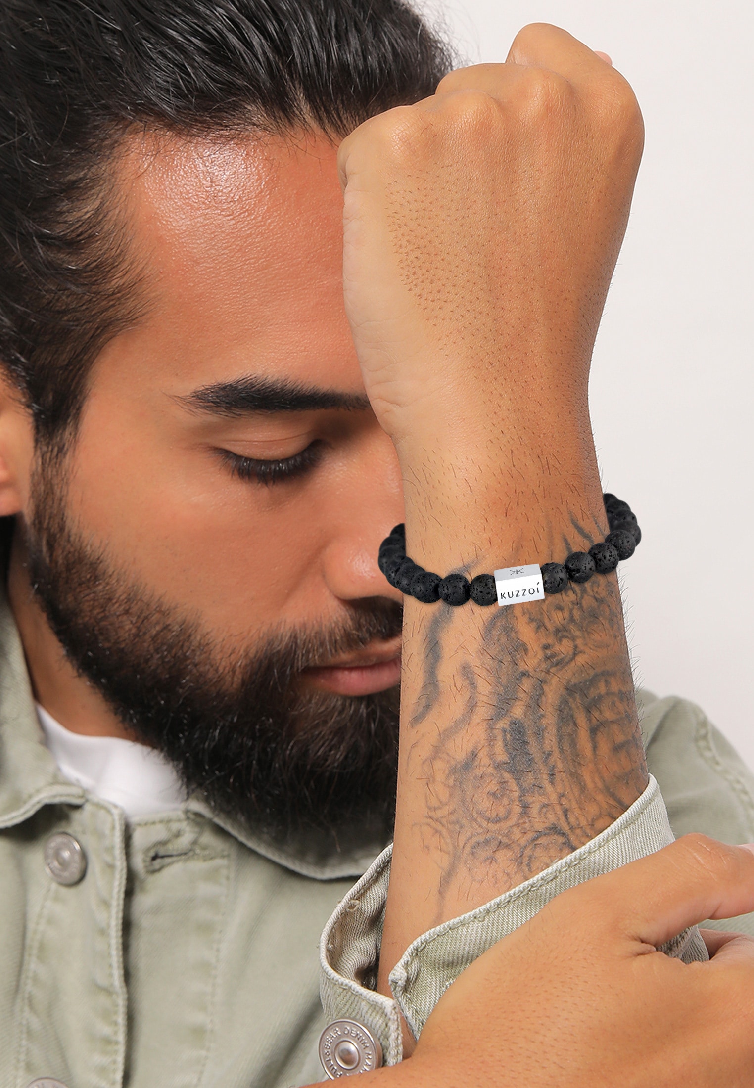 Kuzzoi Armkette »Armband Herren Lava Edelstein Bead Rechteck 925 Silber«