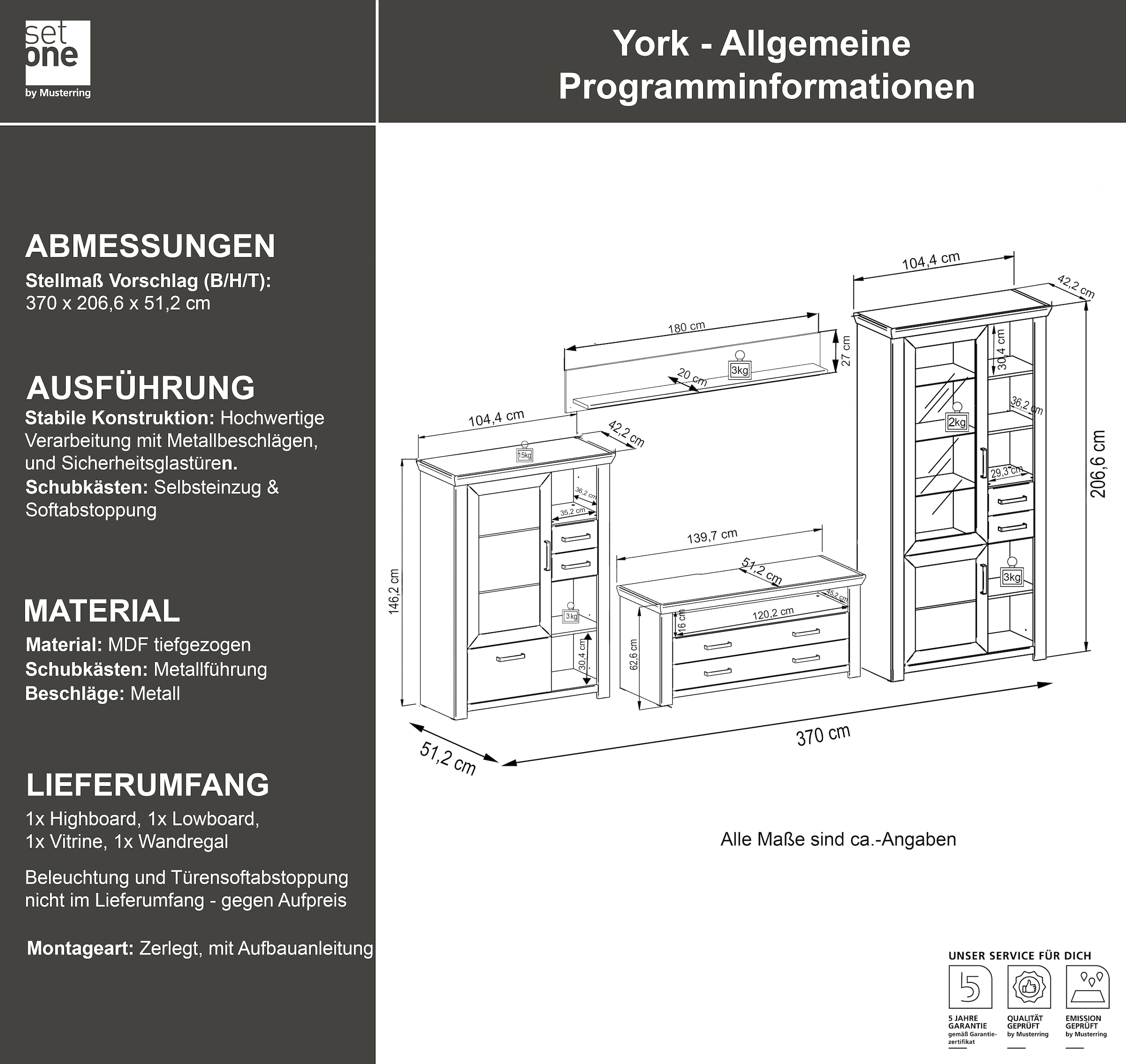 set one by Musterring Wohnwand »York«, (4 St.), Kombination mit 4 Teilen, in 3 Farbvarianten, Gesamtbreite 370 cm