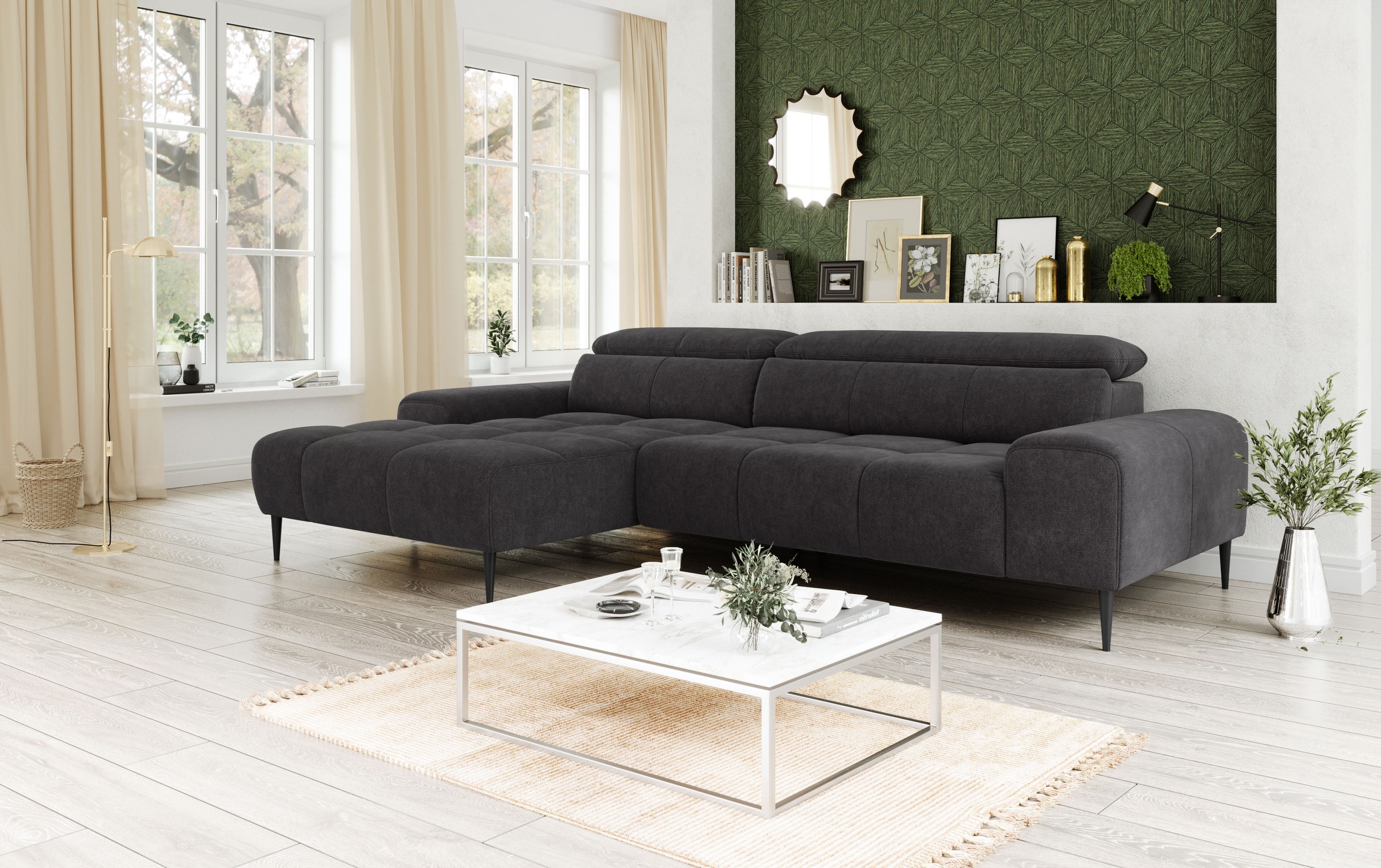 Ecksofa COTTA "Theo L-Form, B: 290 cm", mud, B:290cm T:182cm, 100% Polyester (PES), Sofas, Ecksofa, mit Kopfteilverstellung, optional Sitztiefenverstellung