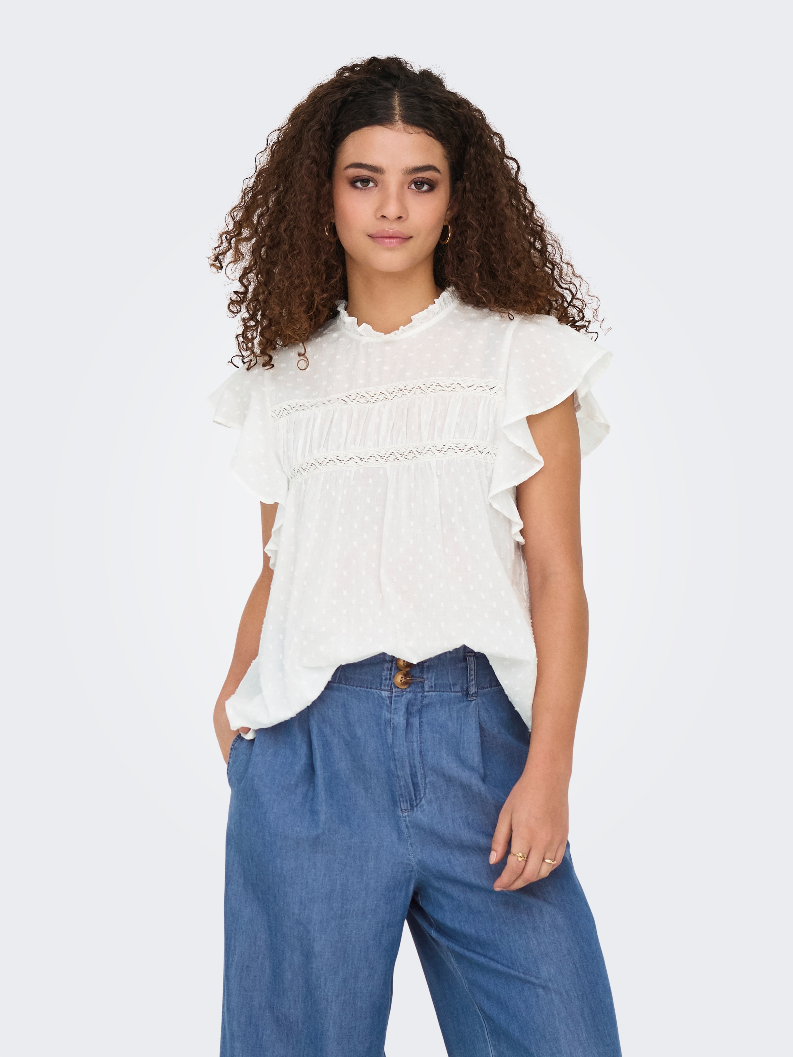 ONLY Rüschentop "ONLKATTI S/S DOBBY TOP WVN NOOS" Baumwolle, regular fit