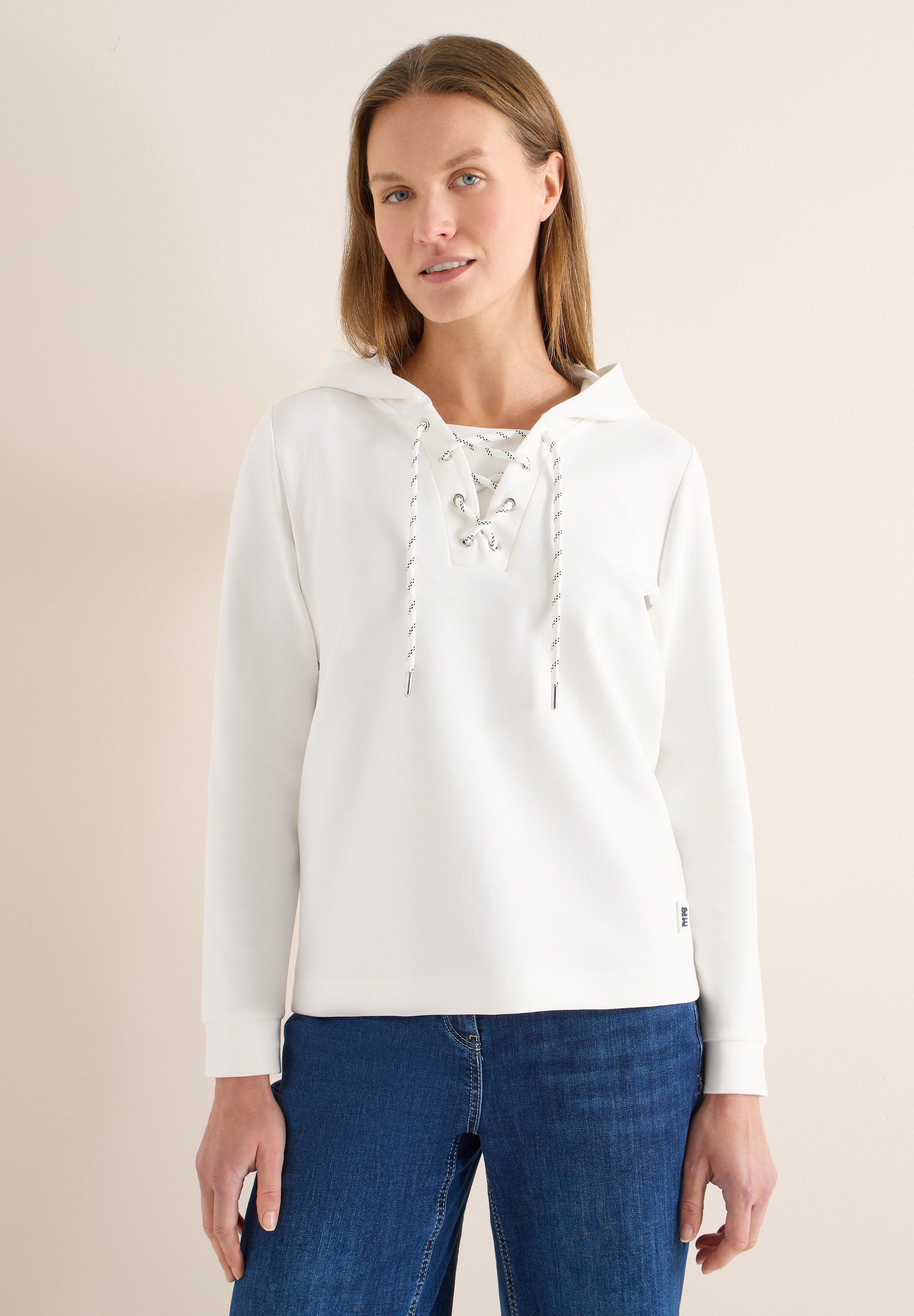 Langarmshirt CECIL, Damen, Gr. M (40), vanilleweiß, Web, 80% Baumwolle, 15% Polyester, 5% Elasthan, unifarben, comfort fit normal, ohne Ausschnitt, Bündchen, Shirts Langarmshirt, Jersey