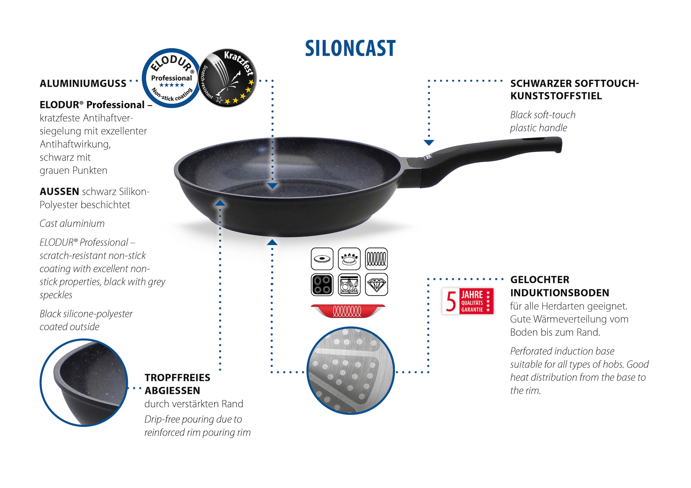 Elo Grillpfanne »Siloncast Grillpfanne 28 cm, mit großer Grillfläche« Aluminiumguss 1 Stk. tlg. antihaftbeschichtet, hitzeisolierender Stiel, für alle Herdarten