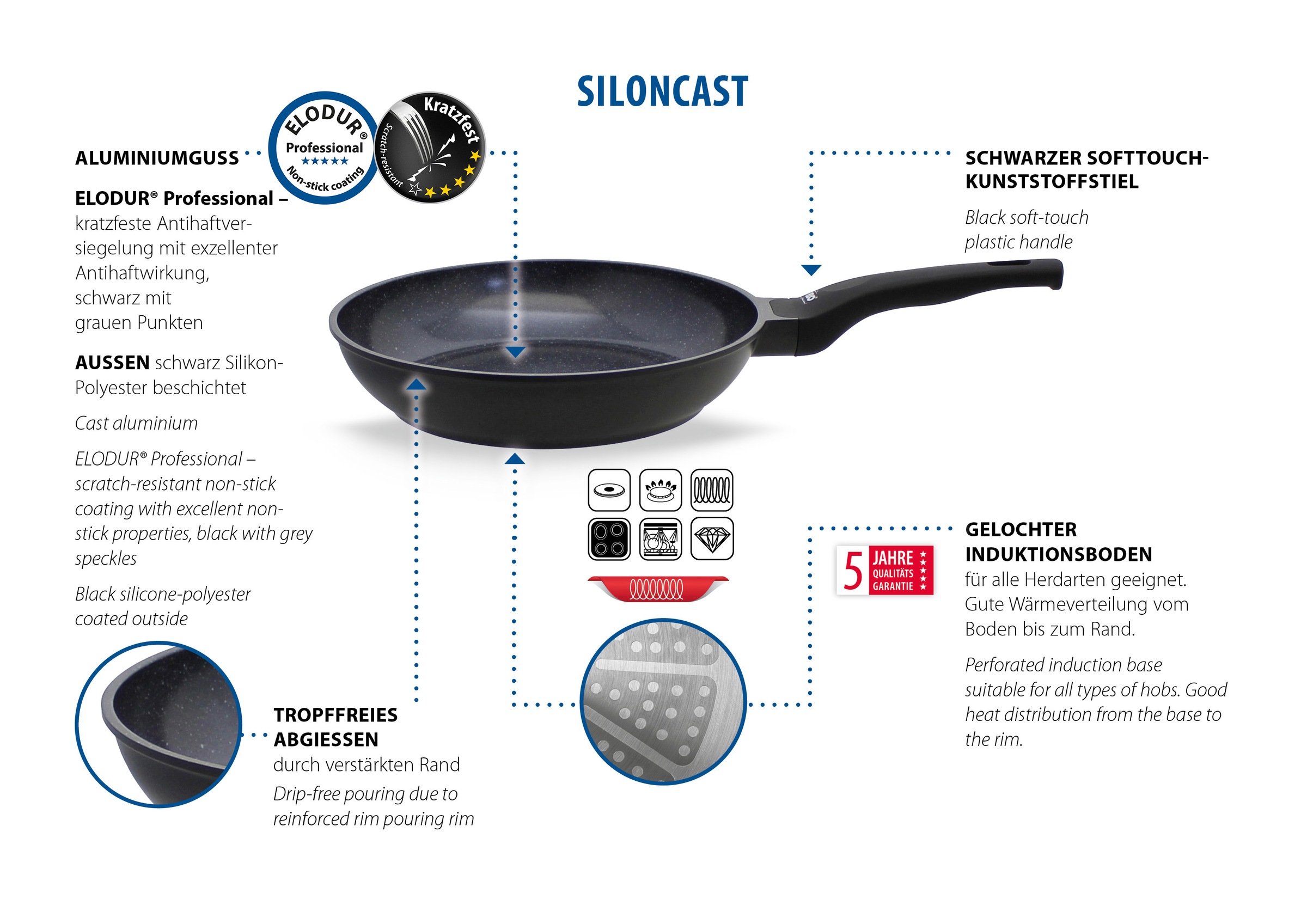 Elo Grillpfanne "Siloncast Grillpfanne 28 cm, mit großer Grillfläche" Aluminiumguss 1 Stk. tlg. antihaftbeschichtet, hitzeisolierender Stiel, für alle Herdarten