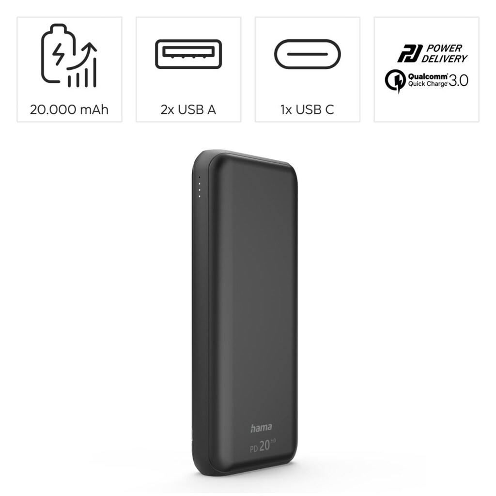 Hama Powerbank »Powerbank 20000mAh, 3 Ausgänge: 2x USB-A, 1x USB-C, für Schnellladen«, 20000 mAh, 3,7 V