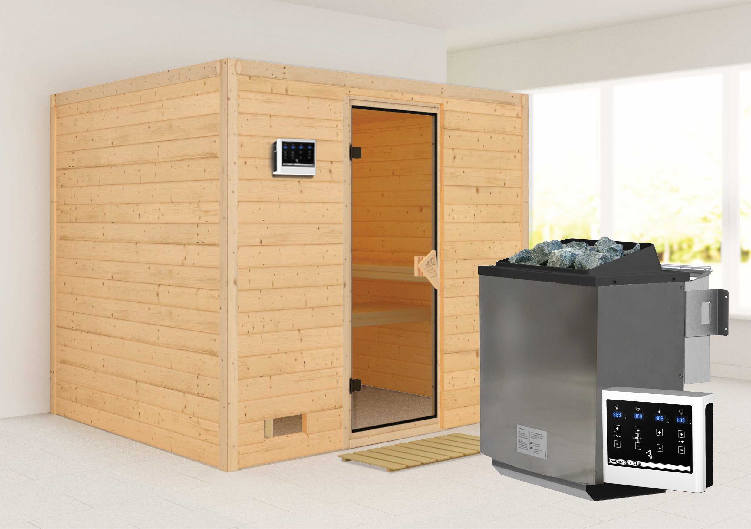 Karibu Sauna "Soraja" Set, Ofen 9 kW Bio externe Strg easy