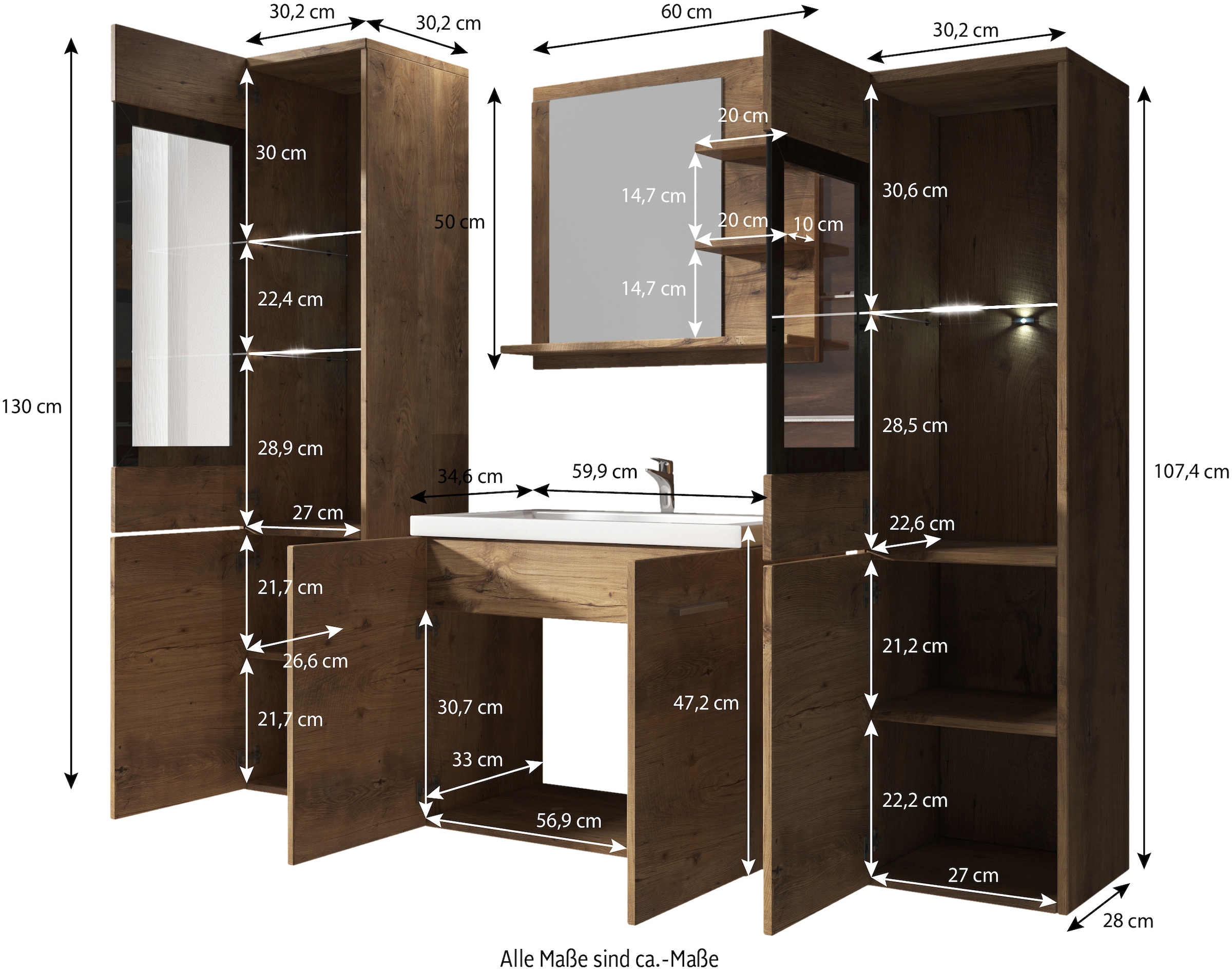 welltime Badmöbel-Set »ARONA«, (Komplett-Set, 4 St., mit Waschbecken), Waschtisch inkl. Waschbecken, Badschrank, Hochschrank, Spiegel