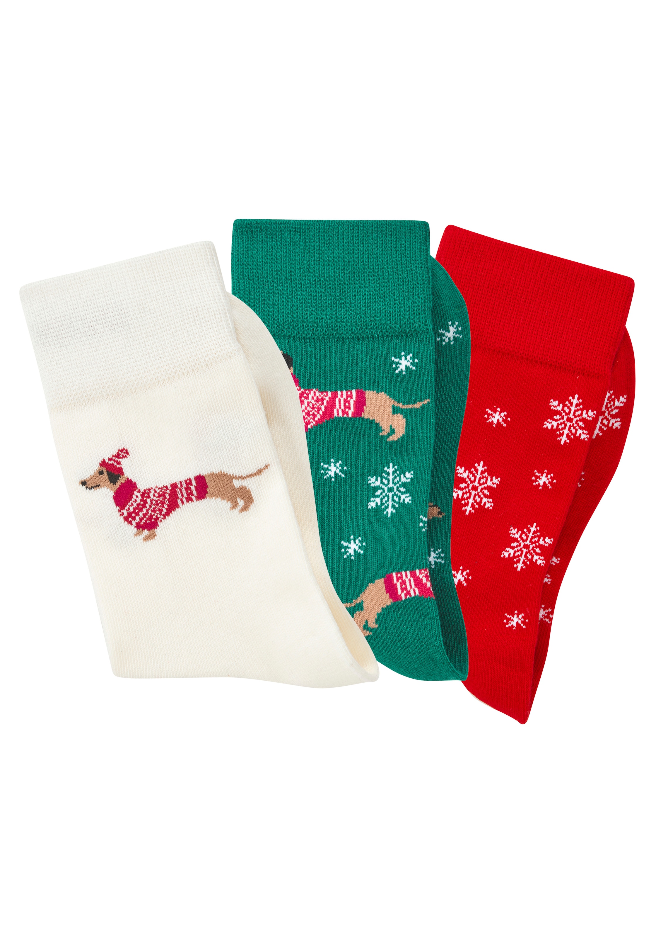 LASCANA Freizeitsocken »Damen Weihnachtssocken« Packung, 3 Paar tlg. mit lustigen Dackelmotiven