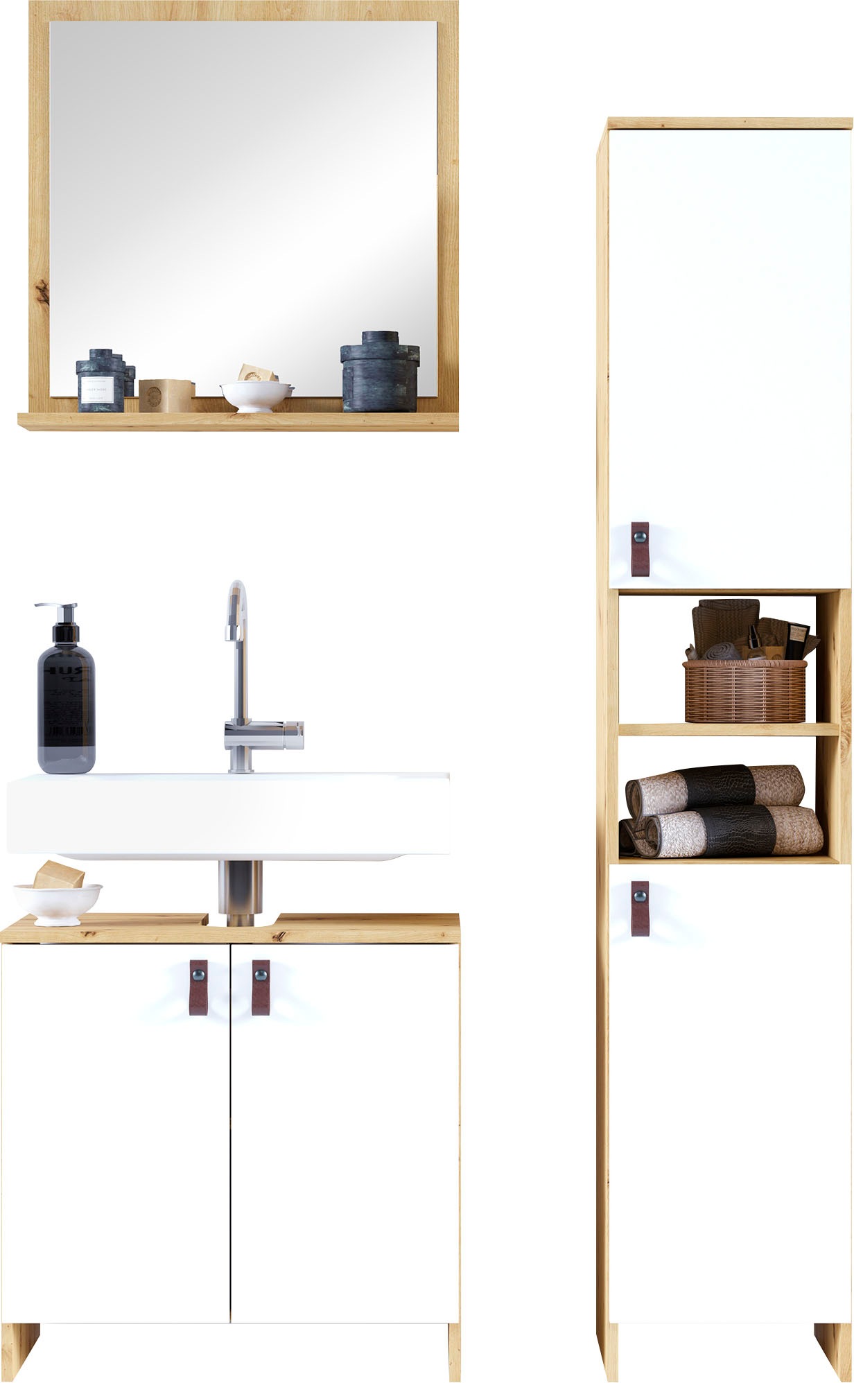 Homexperts Waschbeckenunterschrank »New Port«, Badezimmerschrank in skandinavischem Design mit Kunstledergriffen