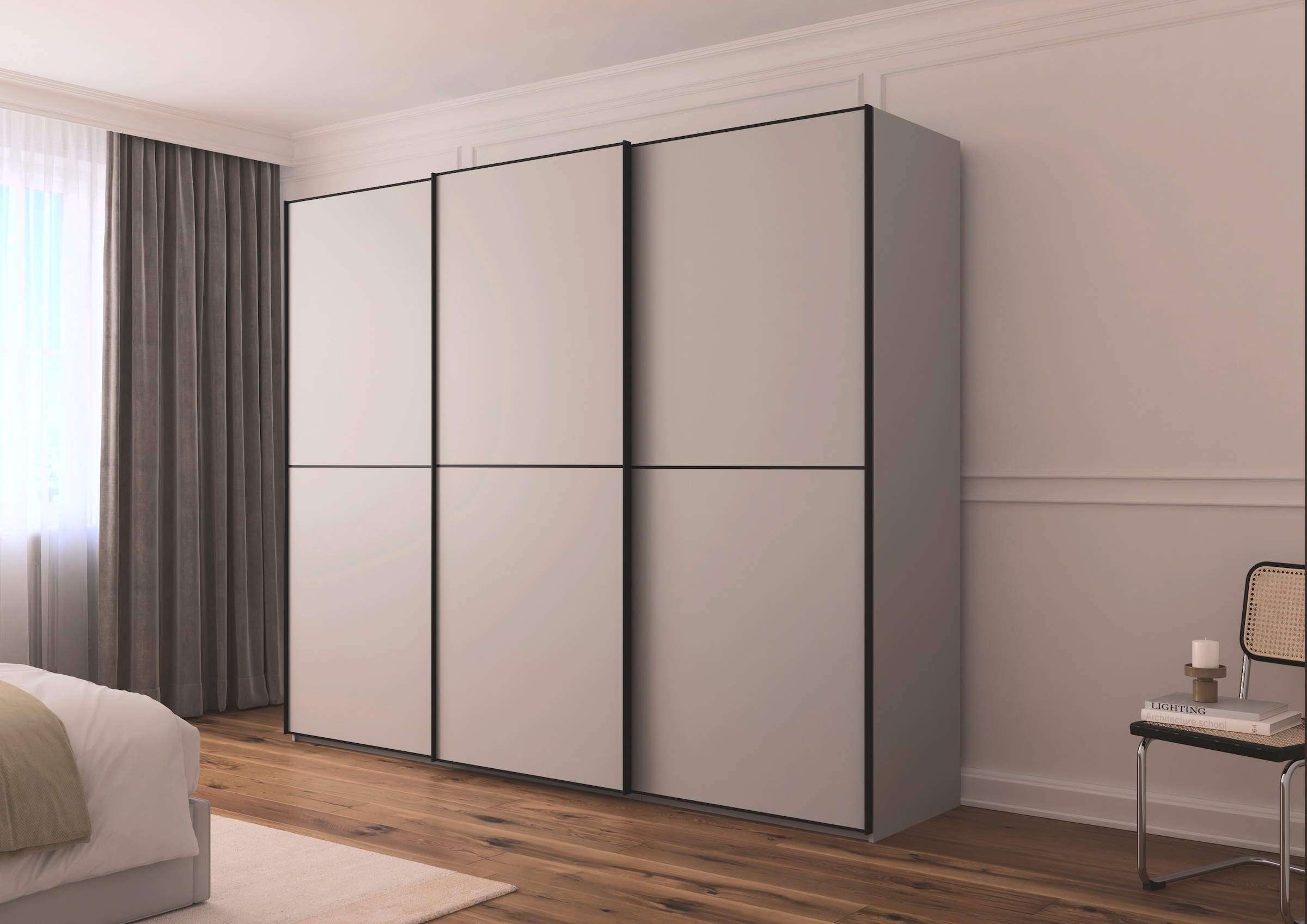 rauch Schwebetürenschrank »Kleiderschrank Schrank Garderobe Schlafzimmerschrank SCALE-DUO«, edle zweigeteilte Türen und 3 Zierleisten MADE IN GERMANY
