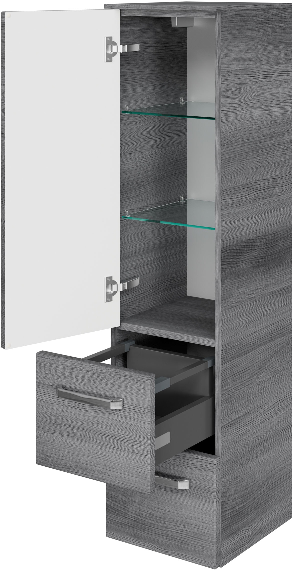 Saphir Midischrank »Serie 4010 Badschrank 30cm breit, 1 Tür, 2 Schubladen, inkl Türdämpfer«, 2 Glas-Einlegeböden, Badezimmer-Midischrank 121 cm hoch, 33 cm tief