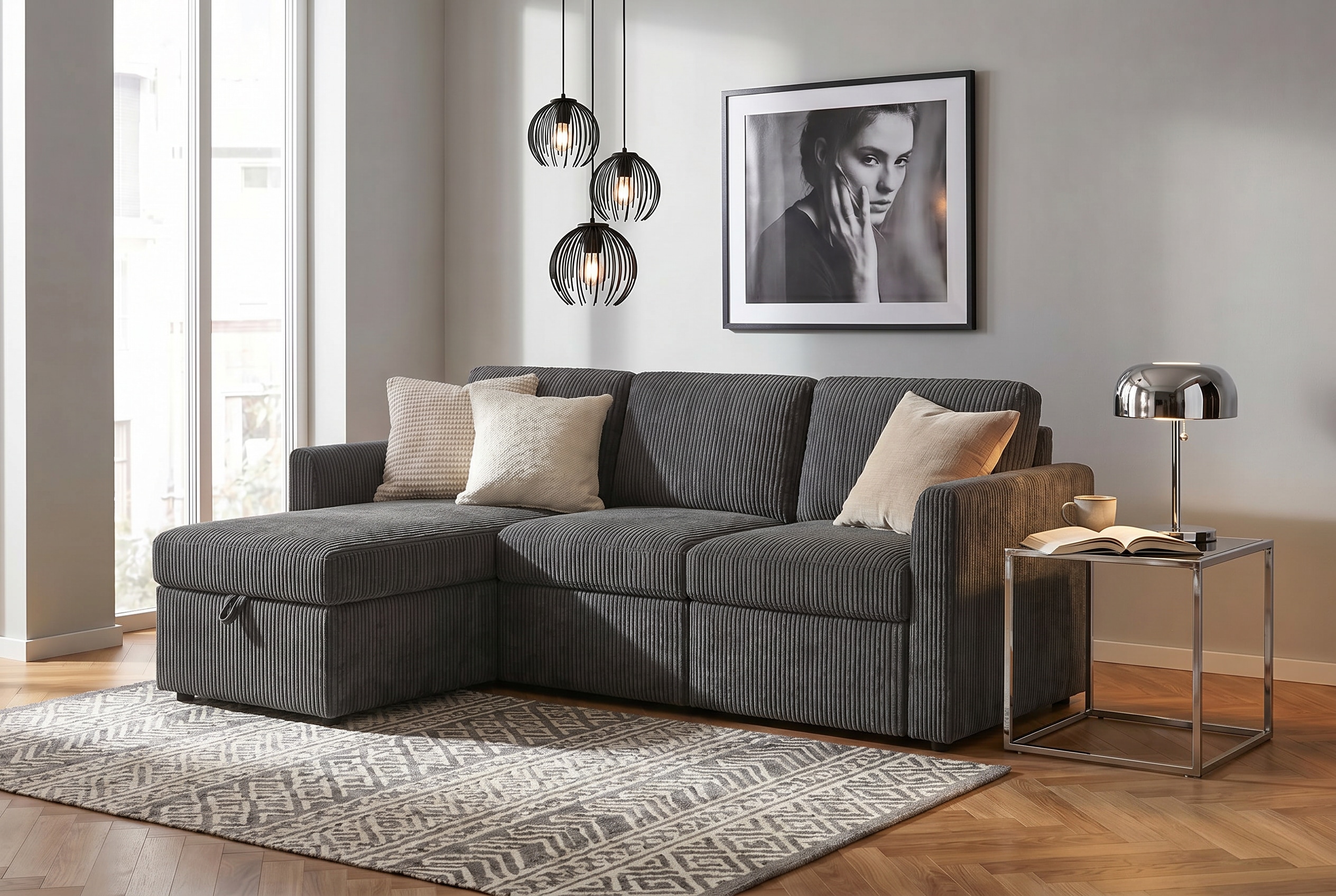 Dorel Home Ecksofa "NORDHUS, L-Form, 200 cm, Recamiere rechts/links montierbar" mit Stauraum, softer Cord-Bezug