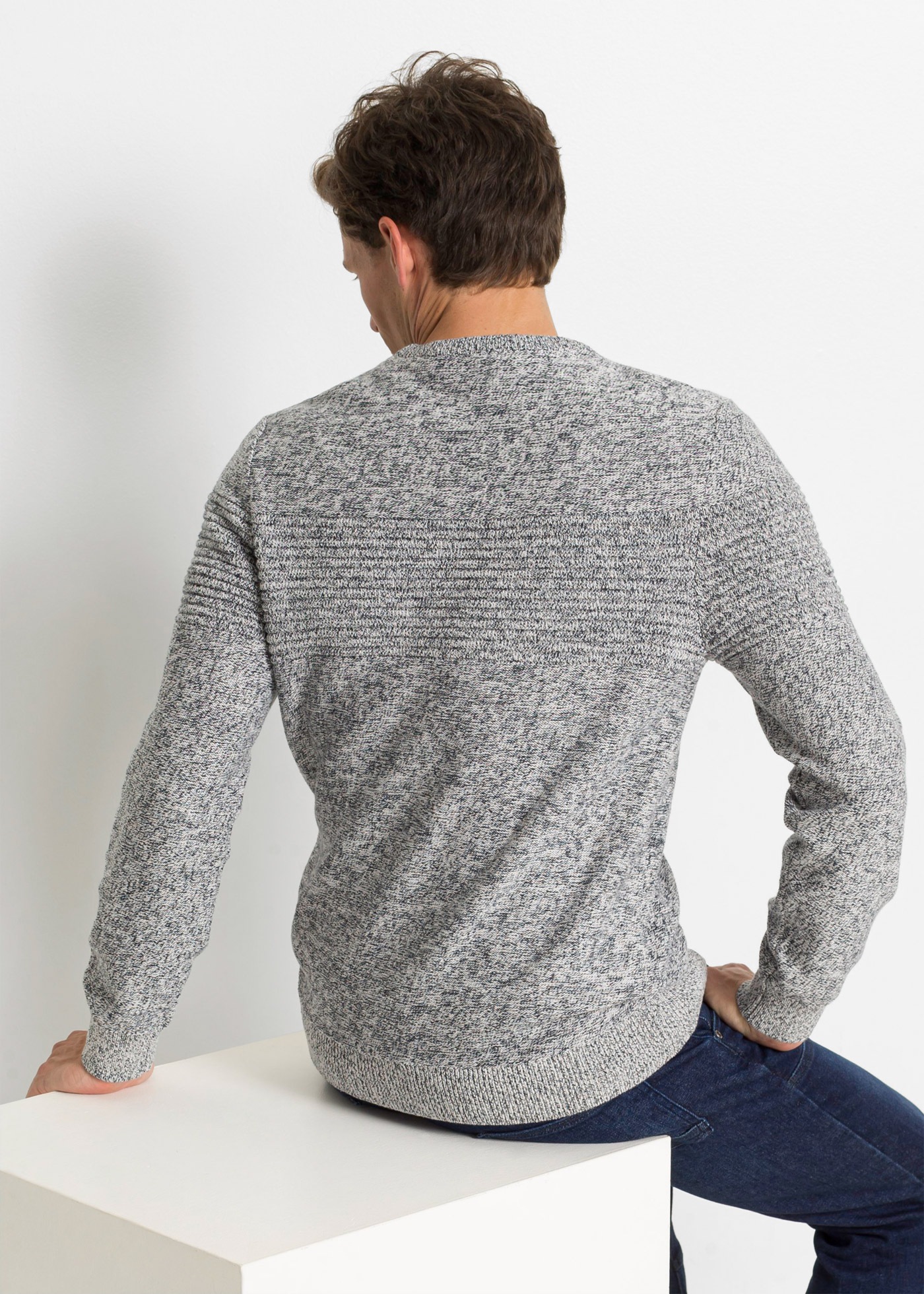 bonprix Strickpullover aus Baumwolle, ohne Kragen, Regular Fit, melierte Op günstig online kaufen