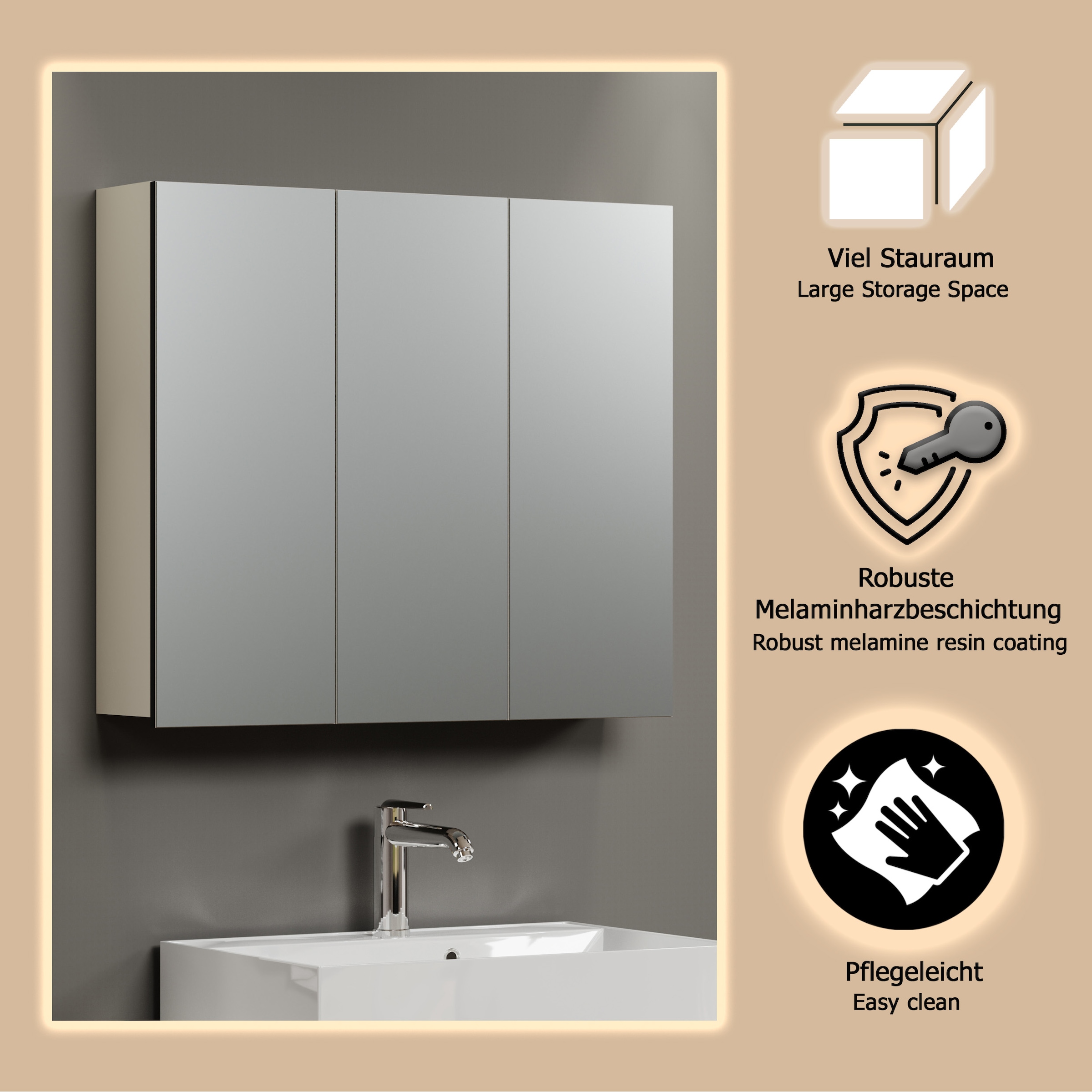 welltime Spiegelschrank »Amrum« 1 Stk. tlg. 3-Türiger Badspiegel mit Stauraum - Maße (B/T/H) 90/20/80 cm