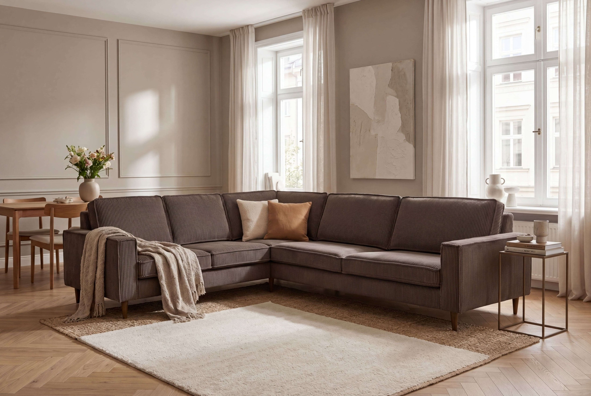 OTTO home Ecksofa "Pinto Skandi, 290 cm, Chenille, Struktur, Ottomane links / rechts" mit Keder, Massivholzfüße Eiche geräuchert, Wellenunterfederung