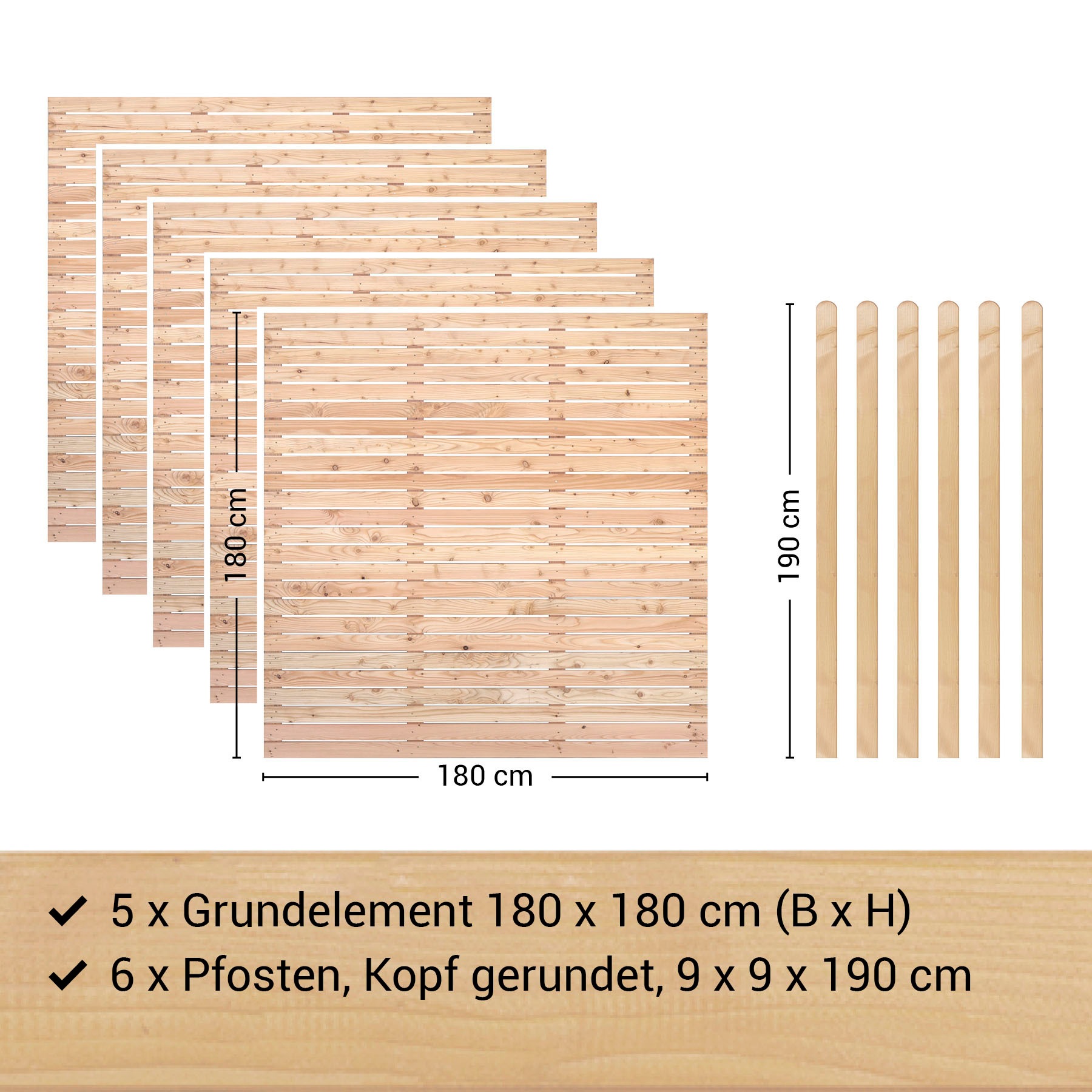 BM Massivholz Zaun »Kurt Set 5«, 5 Elemente 180 x 180cm, 6 passende Pfosten, Kopf gerundet, Länge 190cm