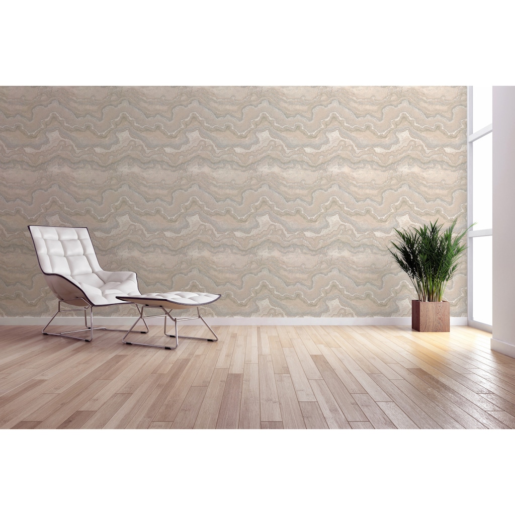 living walls Vliestapete »Stories of Life Tapete Metallic Beige Creme Silber Malachit«, glänzend