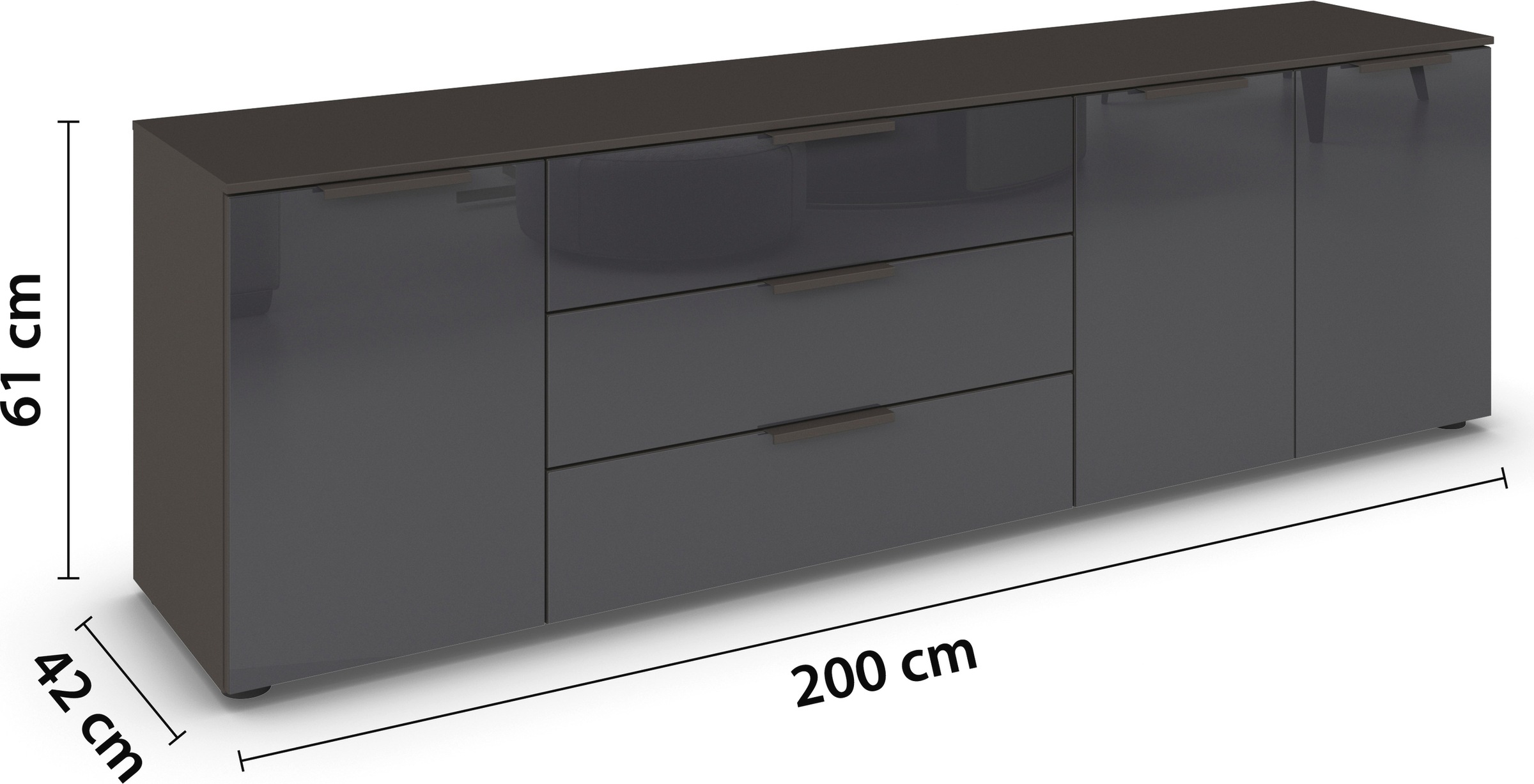 rauch Kombikommode »Kommode Türkommode Sideboard Kombikommode FLIPP mit Glasfront«, (Breite 200 cm mit 2 Einlegeböden), 3-türig mit 3 Schubladen und Soft-Close-Funktion sowie Glasfront