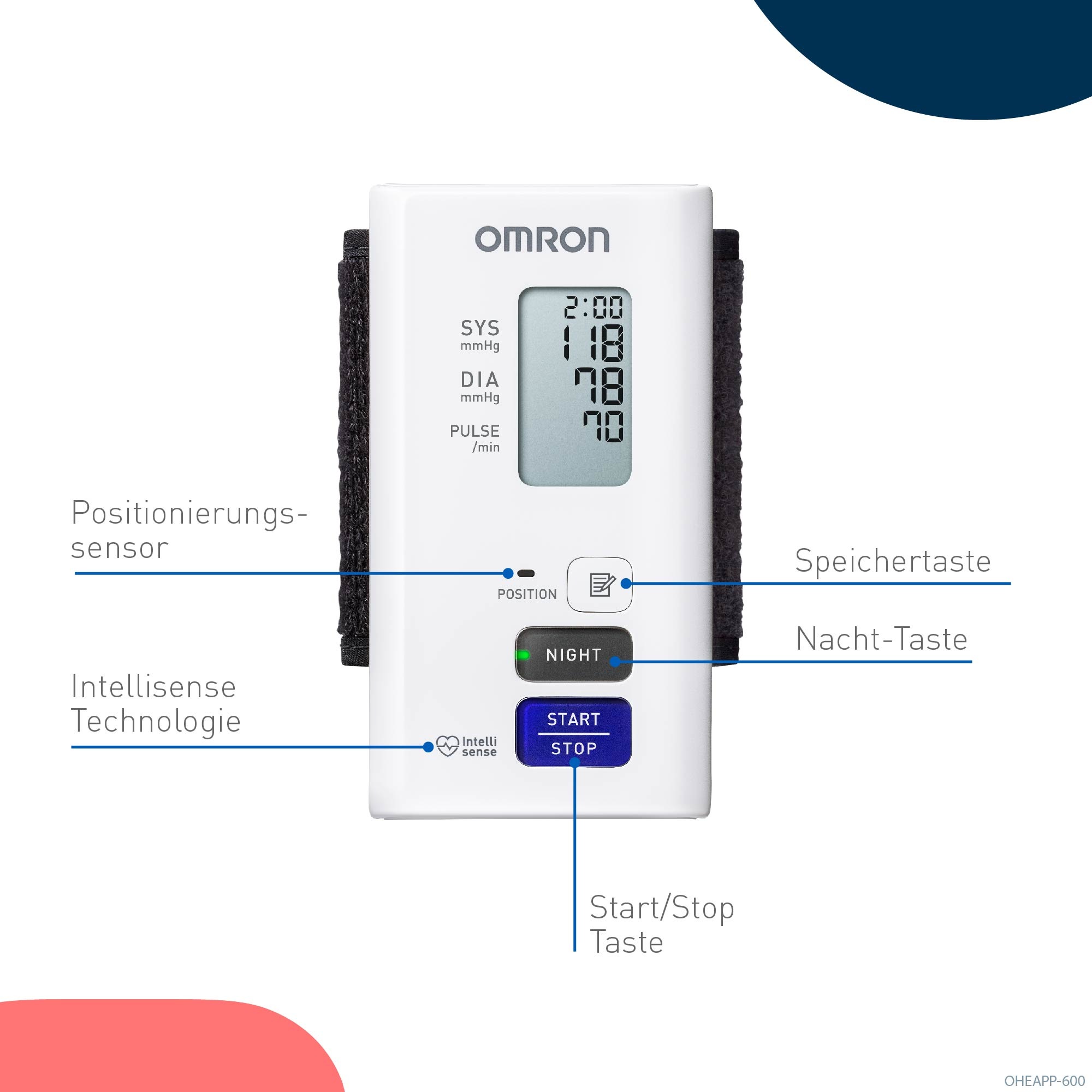 Omron Handgelenk-Blutdruckmessgerät "NightView, geräuschlose Blutdruckmessungen am Tag und in der Nacht" klinisch validiert, geräuschlos und komfortabel, mit kostenloser App