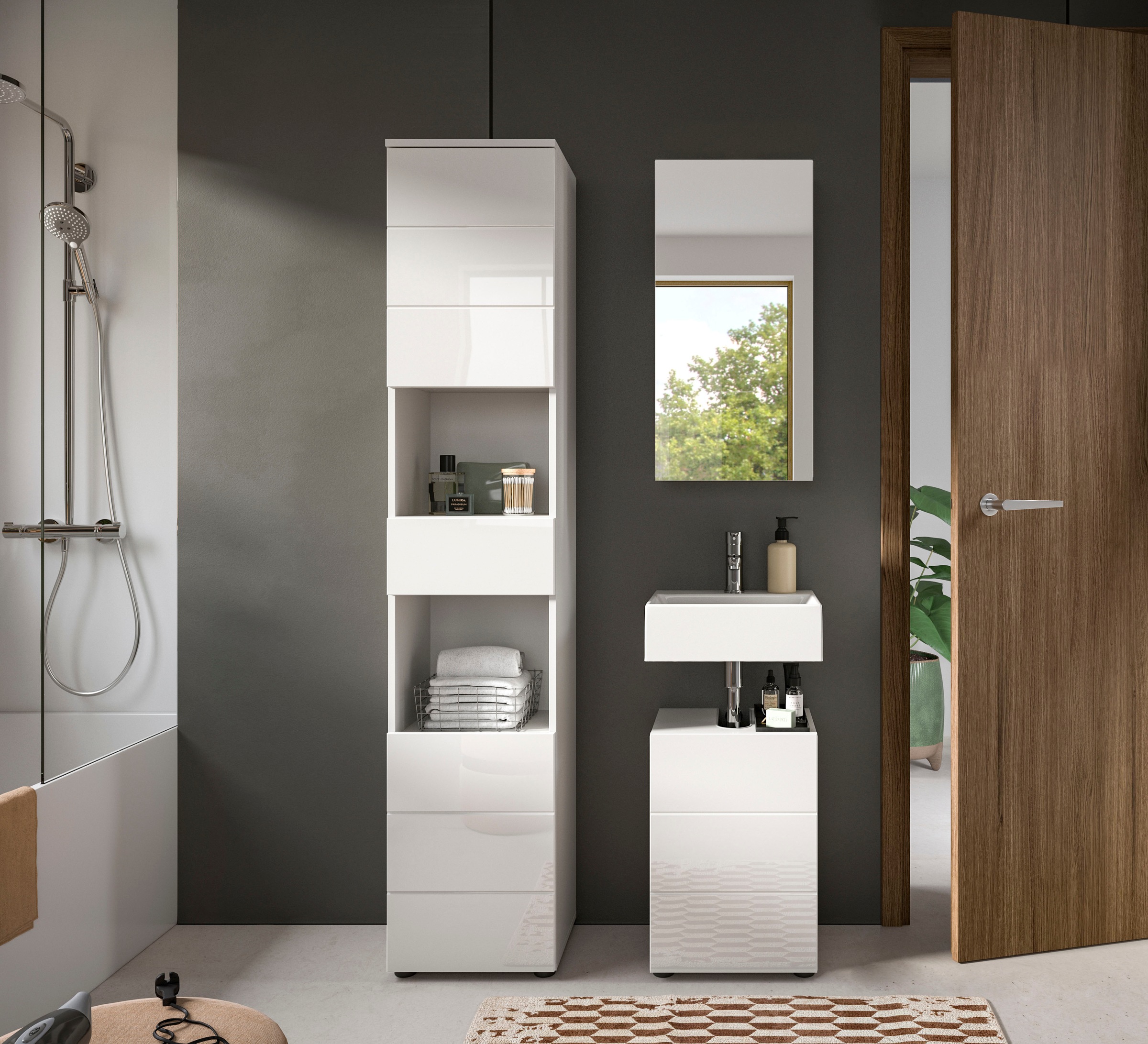 welltime Badmöbel-Set "Biel, Höhe 190 cm, Hochschrank, Unterschrank, Spiege günstig online kaufen