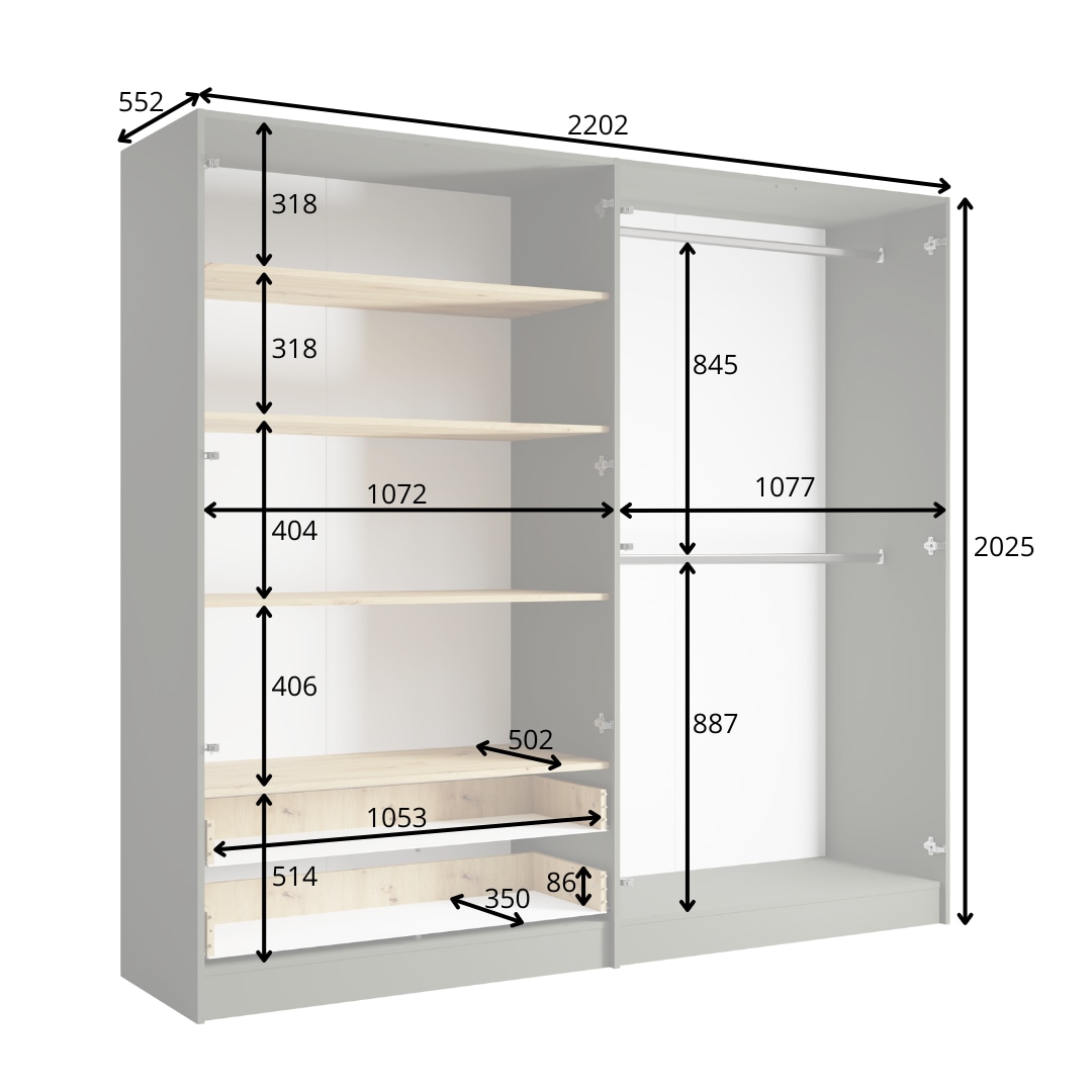 INOSIGN Kleiderschrank »Kleiderschrank Loreto mit Schubkästen und Spiegel, B/T/H 220/54/202 cm«, Schrank mit Drehtüren und Schubladen, Spiegel und MDF-Lamellen