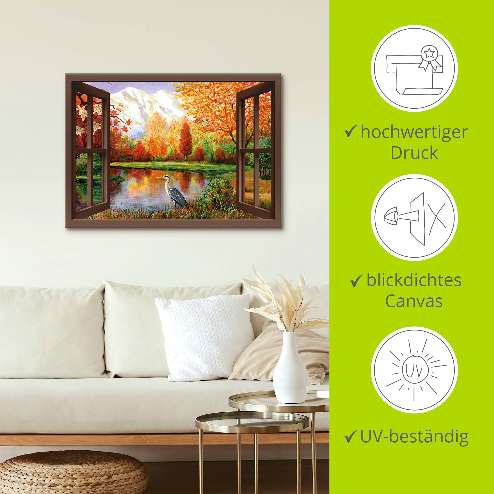 Artland Wandbild »Herbst am See Ausblick«, Fensterblick, (1 St.), als Leinwandbild, Poster in verschied. Größen