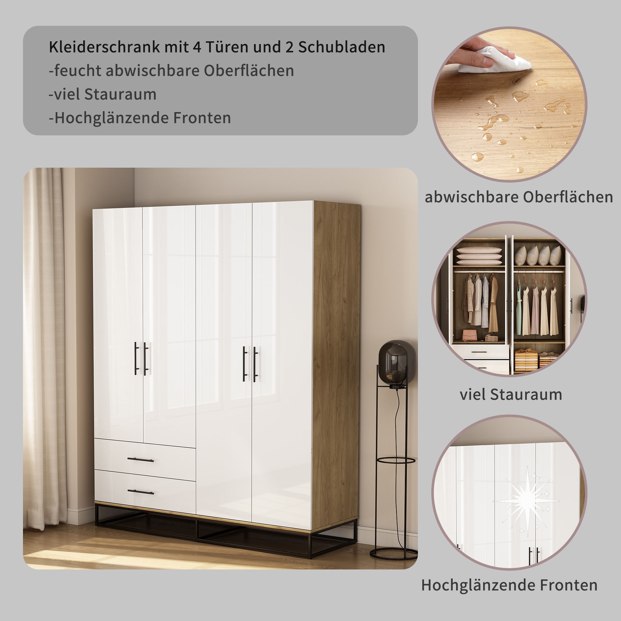 OTTO home Kleiderschrank »Lucca Schlafzimmerschrank Garderobe Hochglanz Bestseller« Schwarze Griffe und Kufengestell aus Metall, 