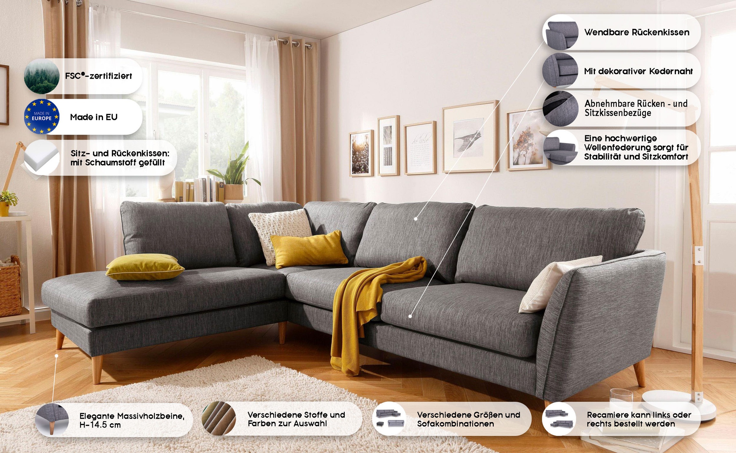 Home affaire Ecksofa »MARSEILLE 278/202 cm, L-Form, Ottom. rechts/links«, Massivholzbeine aus Eiche, in verschieden Bezügen und Farbvarianten