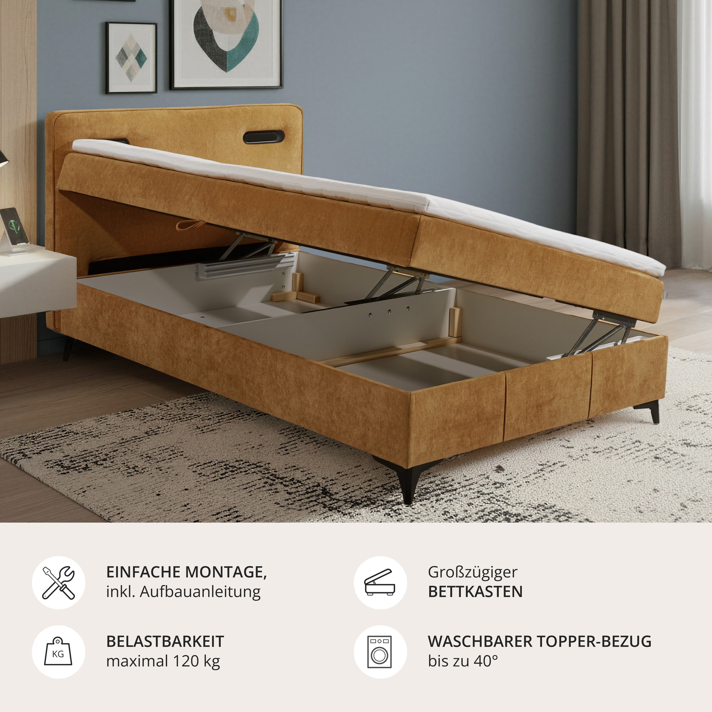 ED EXCITING DESIGN Boxbett »Altea 120x200 mit LED und Bettkasten« inkl. 4 cm Topper, H3, Bettkasten und LED-Beleuchtung