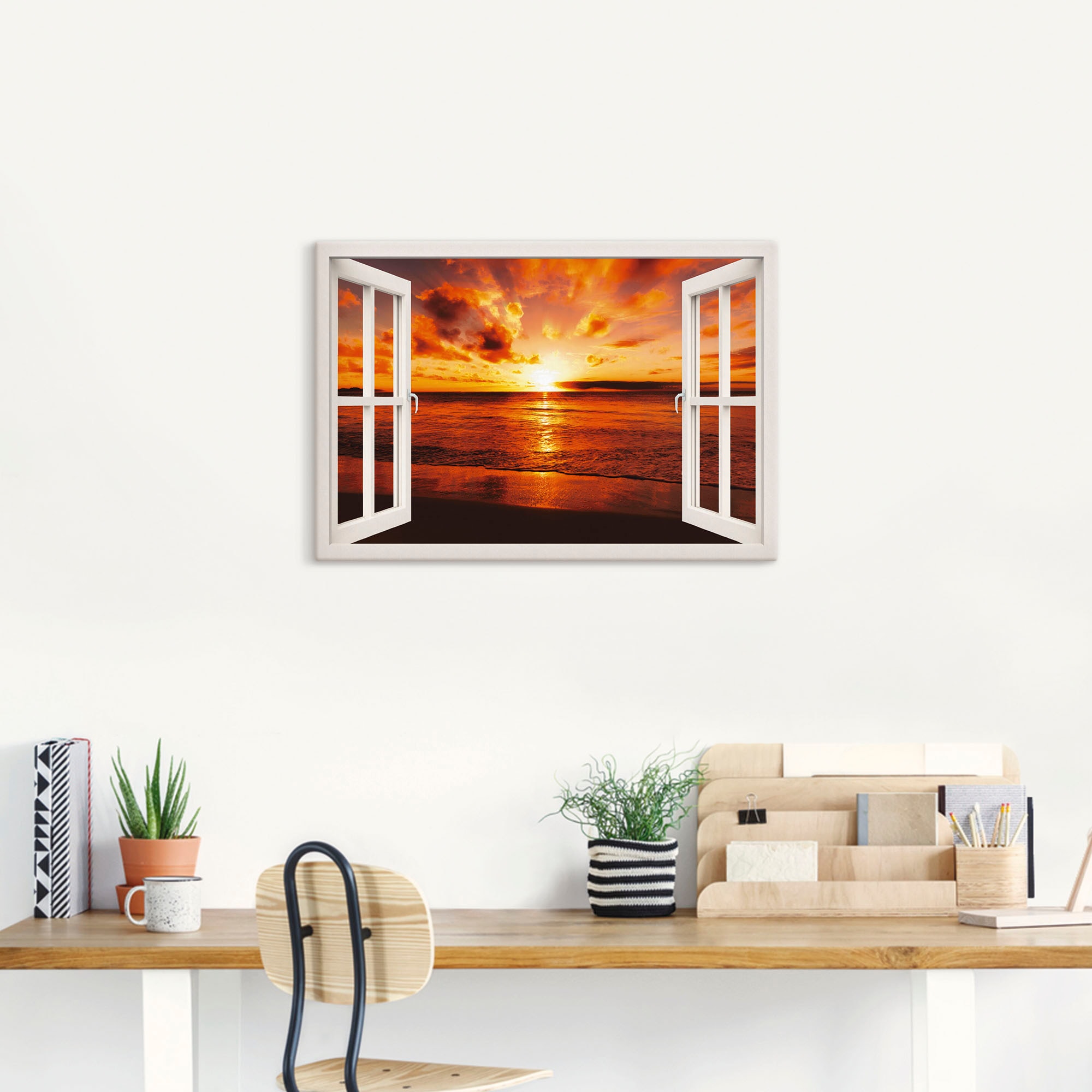 Artland Wandbild »Fensterblick Sonnenuntergang am Strand«, Fensterblick, (1 St.), als Leinwandbild, Poster in verschied. Größen