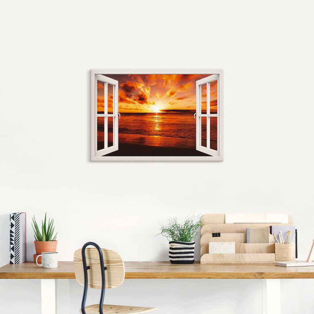 Artland Wandbild »Fensterblick Sonnenuntergang am Strand«, Fensterblick, (1 St.)