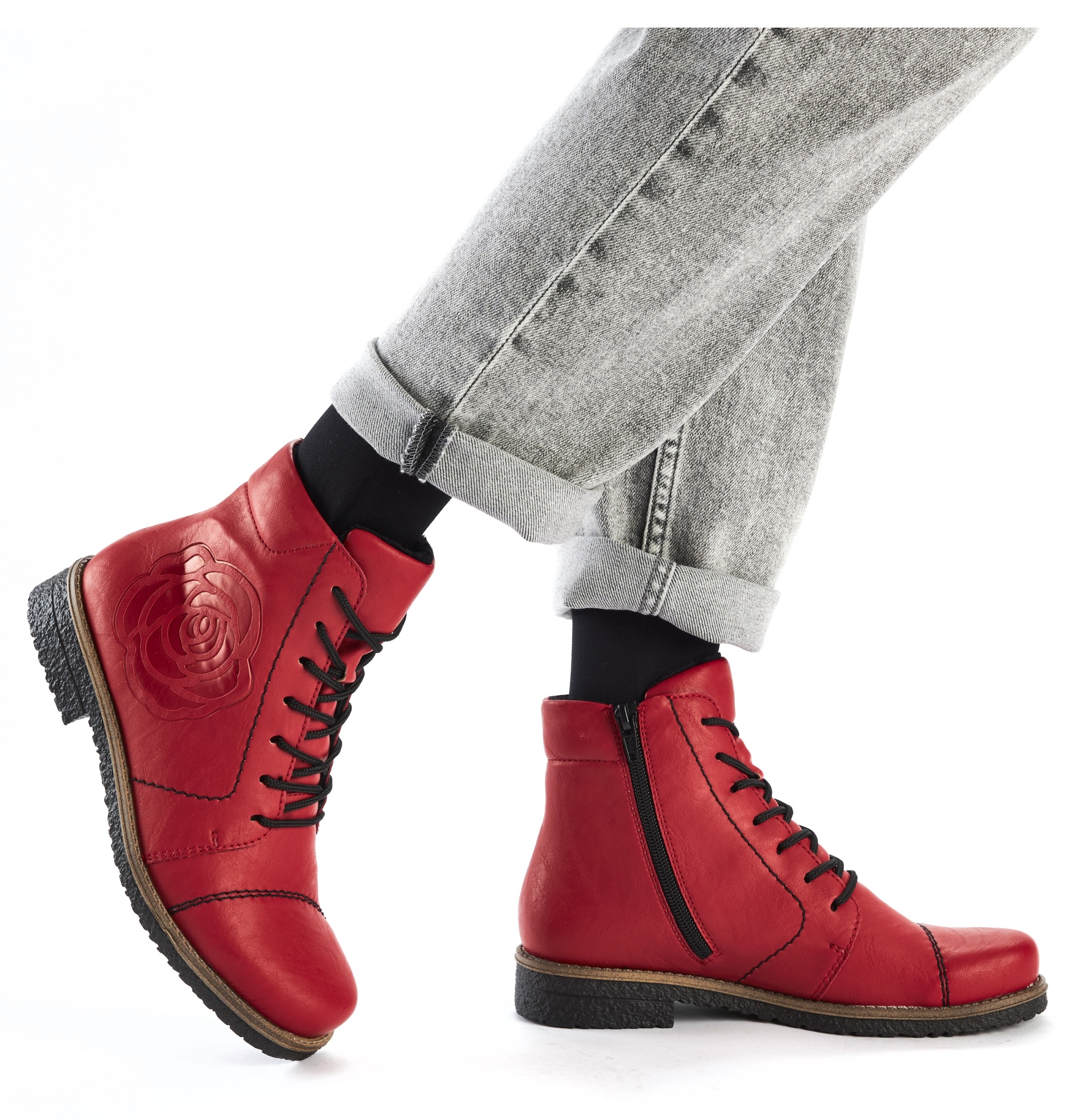 Rieker Schnürstiefelette, Schnürboots, Reißverschluss-Stiefelette, Blockabsatz, Rosenmuster