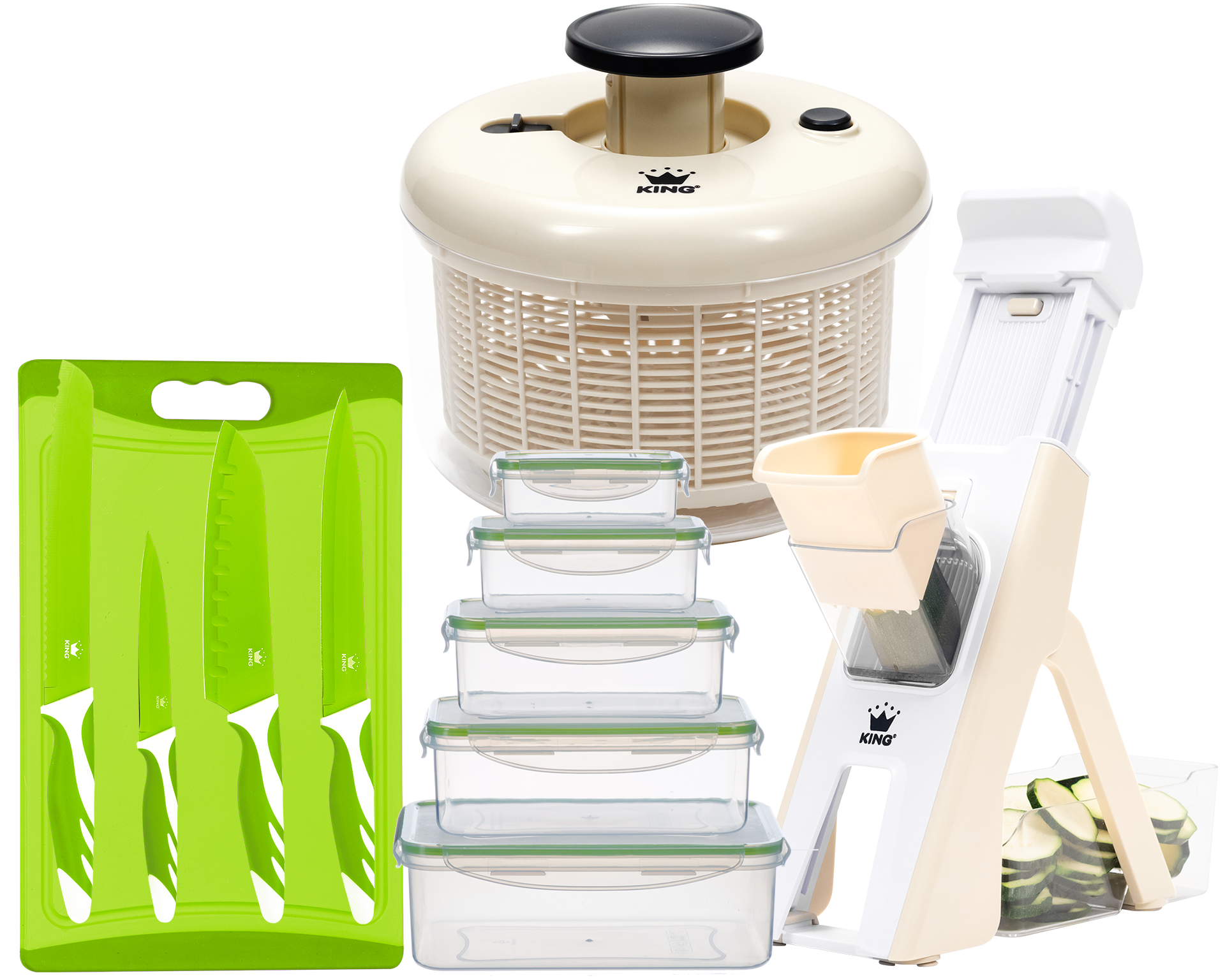 KING Salatschleuder "Fitness-Set" Pumpmechanik, 4.2 L Behälter, 3.2 L Korb, Vertikale-Reibe mit Behälter