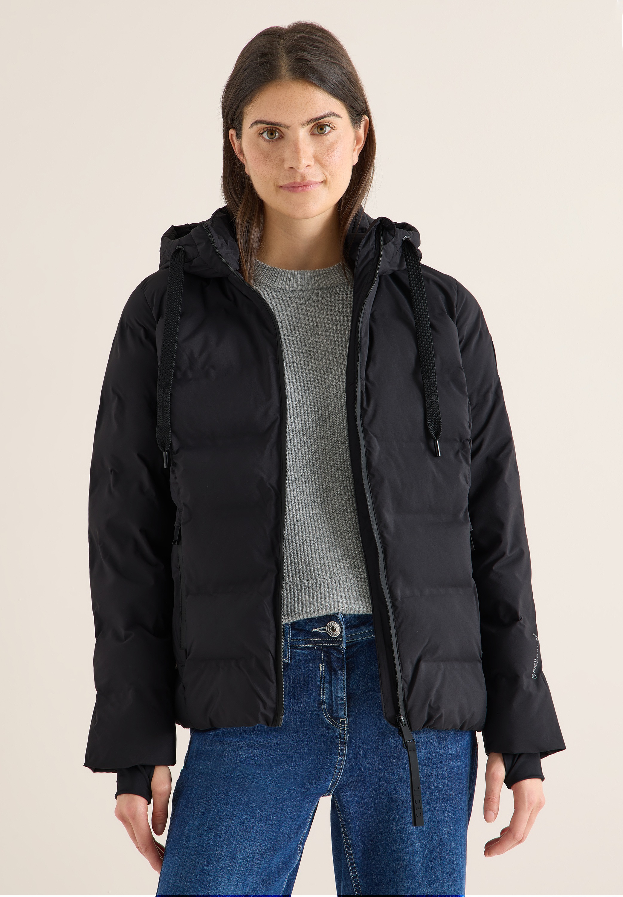 Steppjacke CECIL, Damen, Gr. L (42), schwarz, Stoff, Obermaterial: 100% Nylon; Futter: 100% Polyester; Füllung: 100% Polyester, unifarben, normal normal, ohne Ausschnitt, elastischer Bund, Jacken Steppjacke, mit Kapuze mit Tunnelzugband