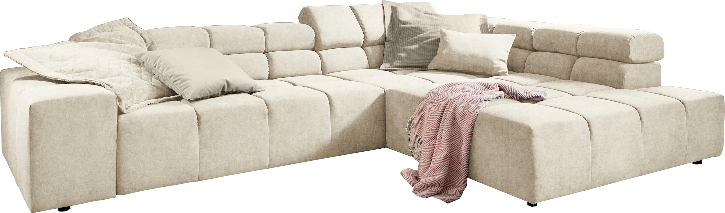 INOSIGN Ecksofa »Ancona incl. Kopfteilverstellung, Zierkissen Breite 319cm, L-Form«, wahlweise motorische Sitztiefenverstellung, auch in Cord + Easy Care