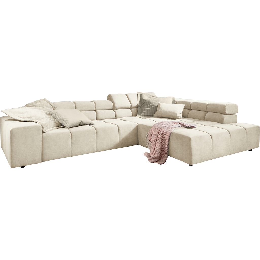 INOSIGN Ecksofa »Ancona incl. Kopfteilverstellung, Zierkissen Breite 319cm, L-Form«, wahlweise motorische Sitztiefenverstellung, auch in Cord + Easy Care