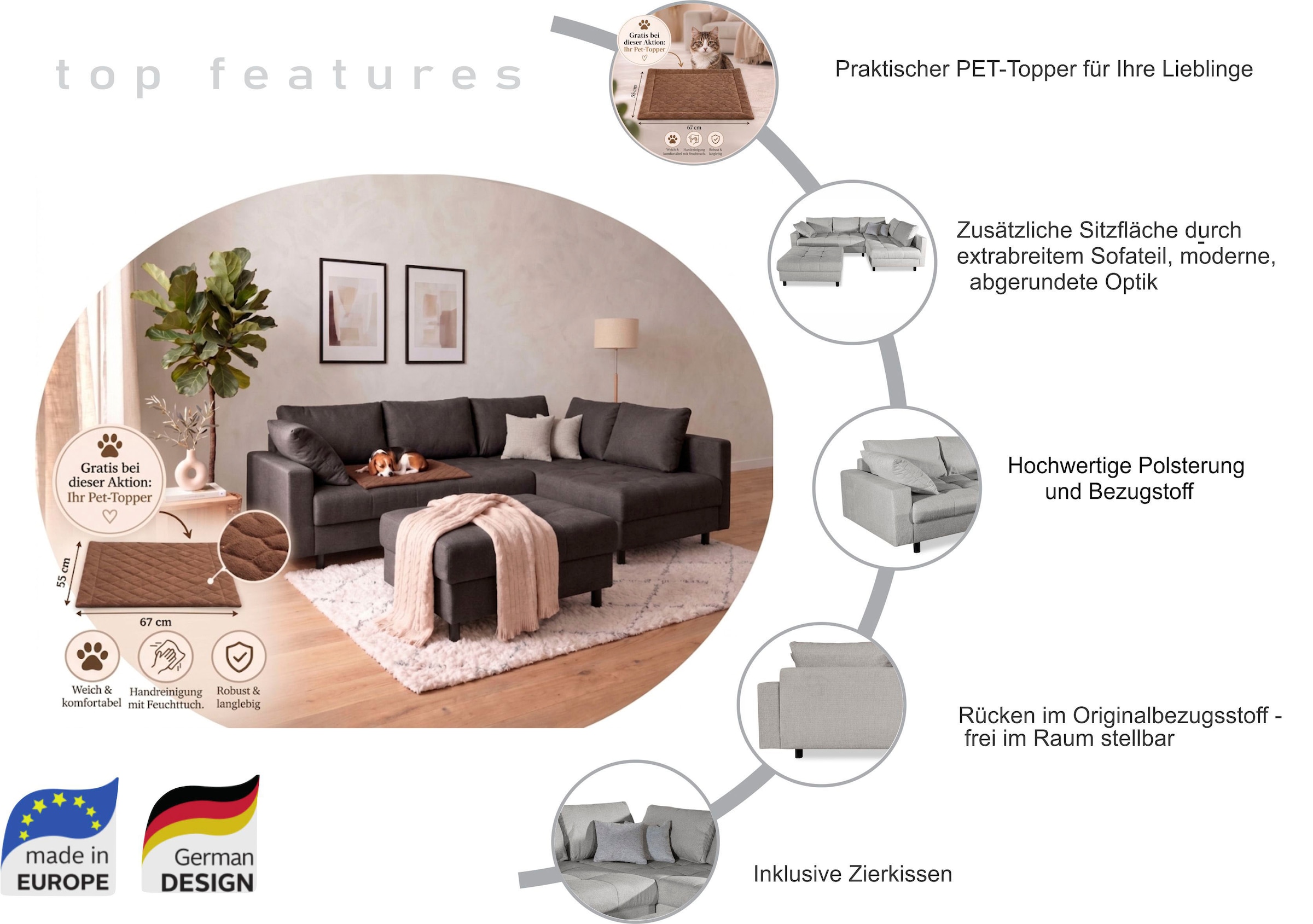 COLLECTION AB Ecksofa »Toni XL L-Form B:274 cm Set inkl. Hocker, AKTION mit Pet Topper« Set: Sofa & Hocker, 2 Zierkissen, Bonell-Federkern