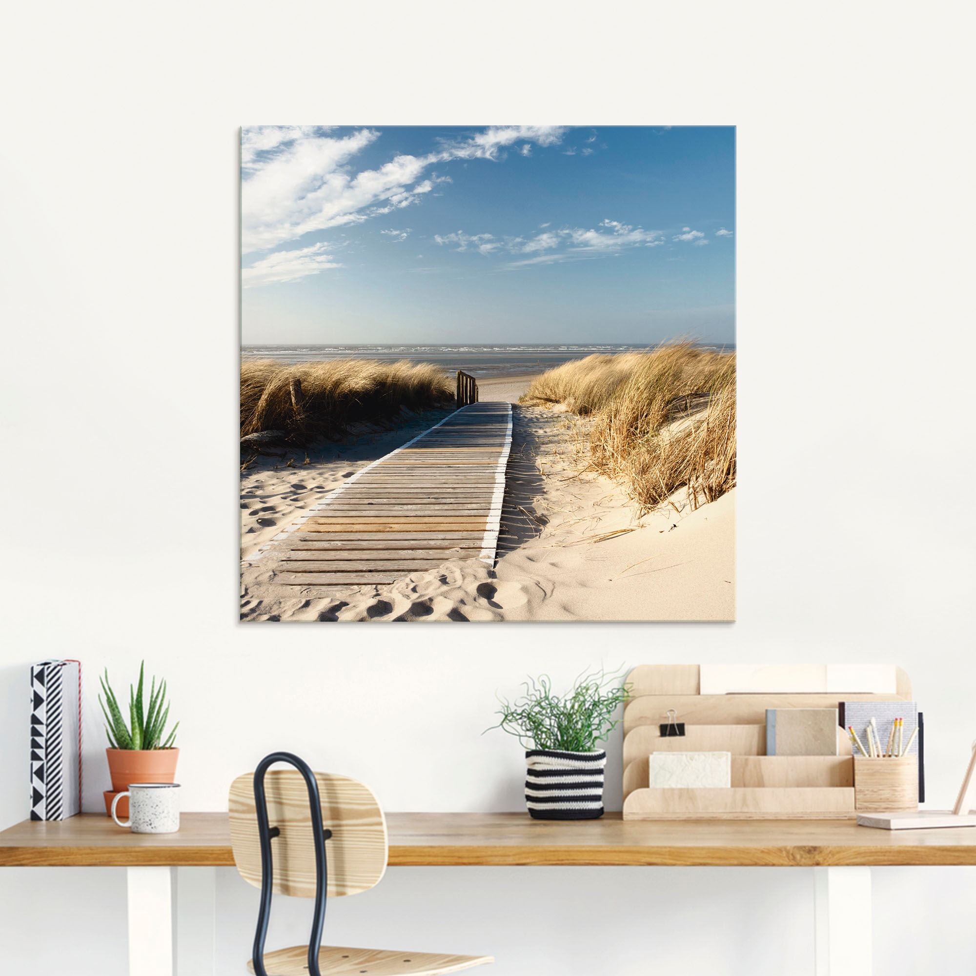 Glasbild ARTLAND "Nordseestrand auf Langeoog - Steg", beige (farbe bild(er): naturfarben), B:125cm H:50cm, Bilder, in verschiedenen Größen 2