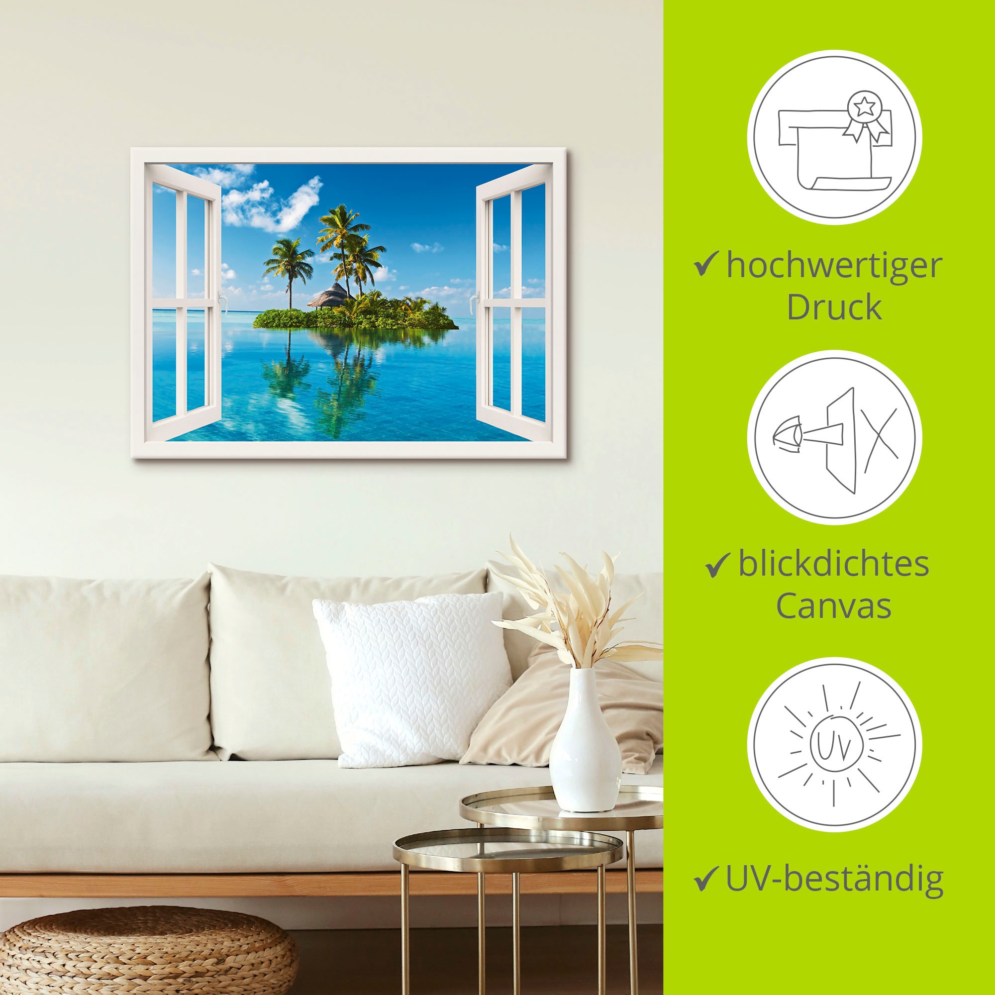 Artland Wandbild »Fensterblick Insel Palmen Meer«, Fensterblick, (1 St.), als Leinwandbild, Poster, Wandaufkleber in verschied. Größen