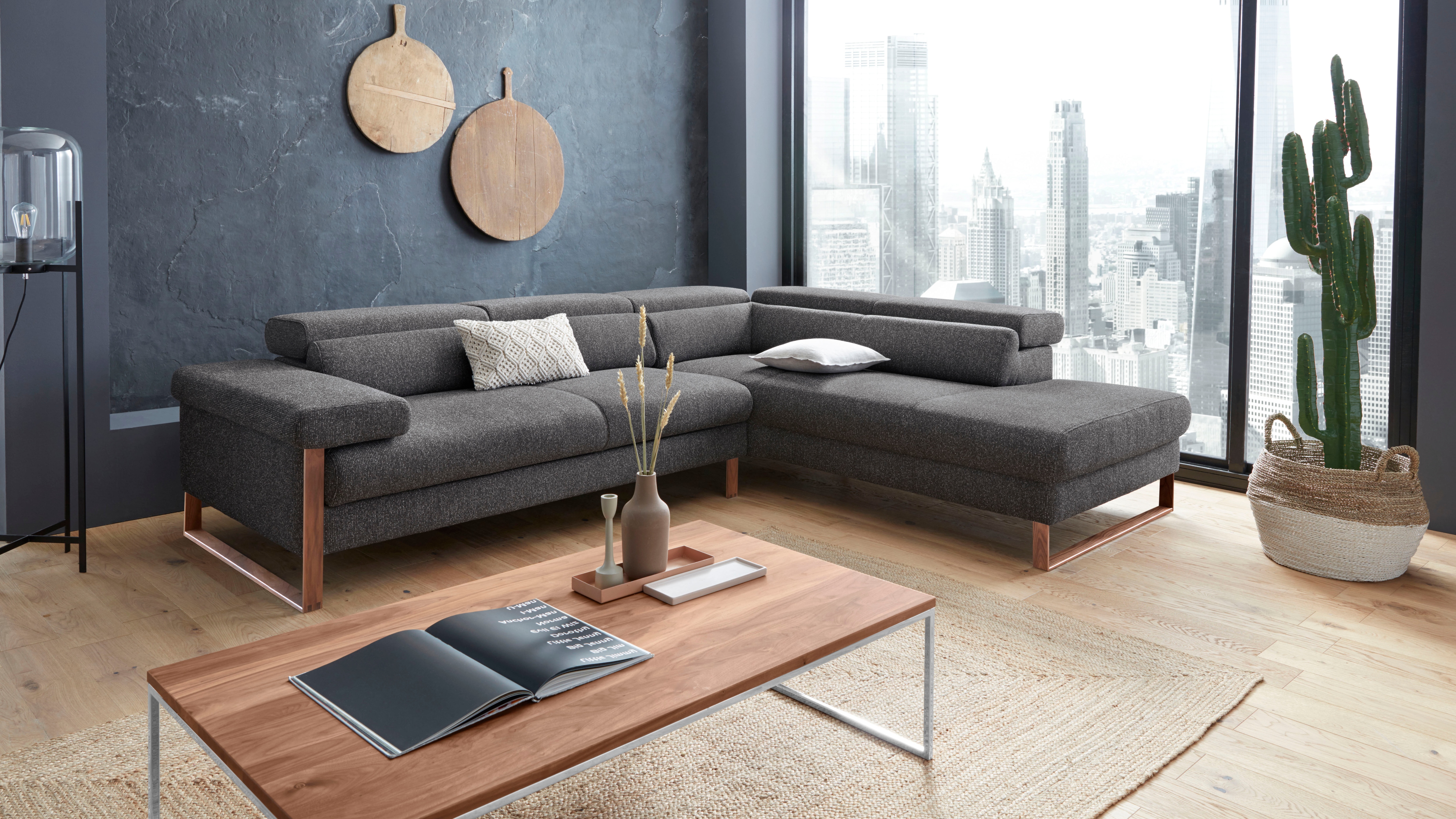W.SCHILLIG Ecksofa "finn, Designsofa mit tollem Sitzkomfort, bequem, L-Form" German Design Award 2016, Fußgestell Nussbaum natur, Breite 281 cm