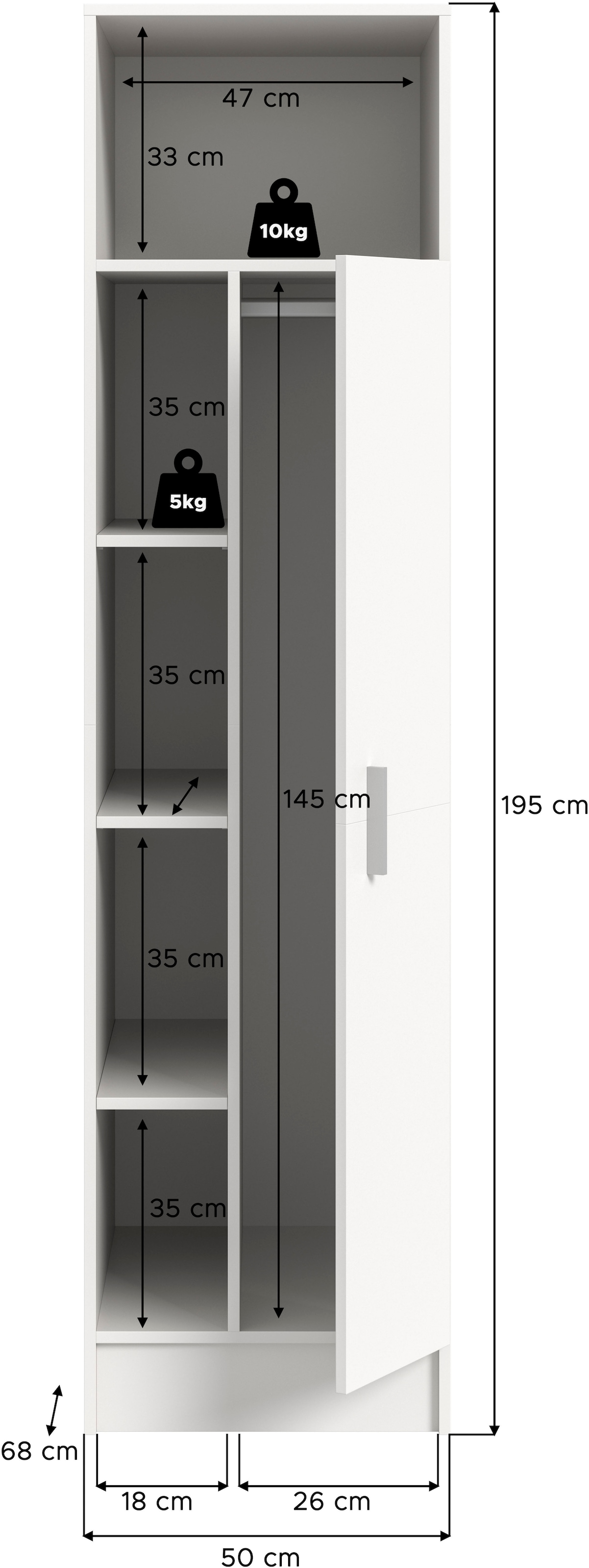 welltime Mehrzweckschrank »FALAS, TOPSELLER!, Höhe 195cm, 1 Tür, 1 Kleiderstange, 5 offene Fächer«, (1 St., in verschiedenen Farben erhältlich), Universalschrank, Wäscheschrank, Badezimmer, Hauswirtschaftsschrank