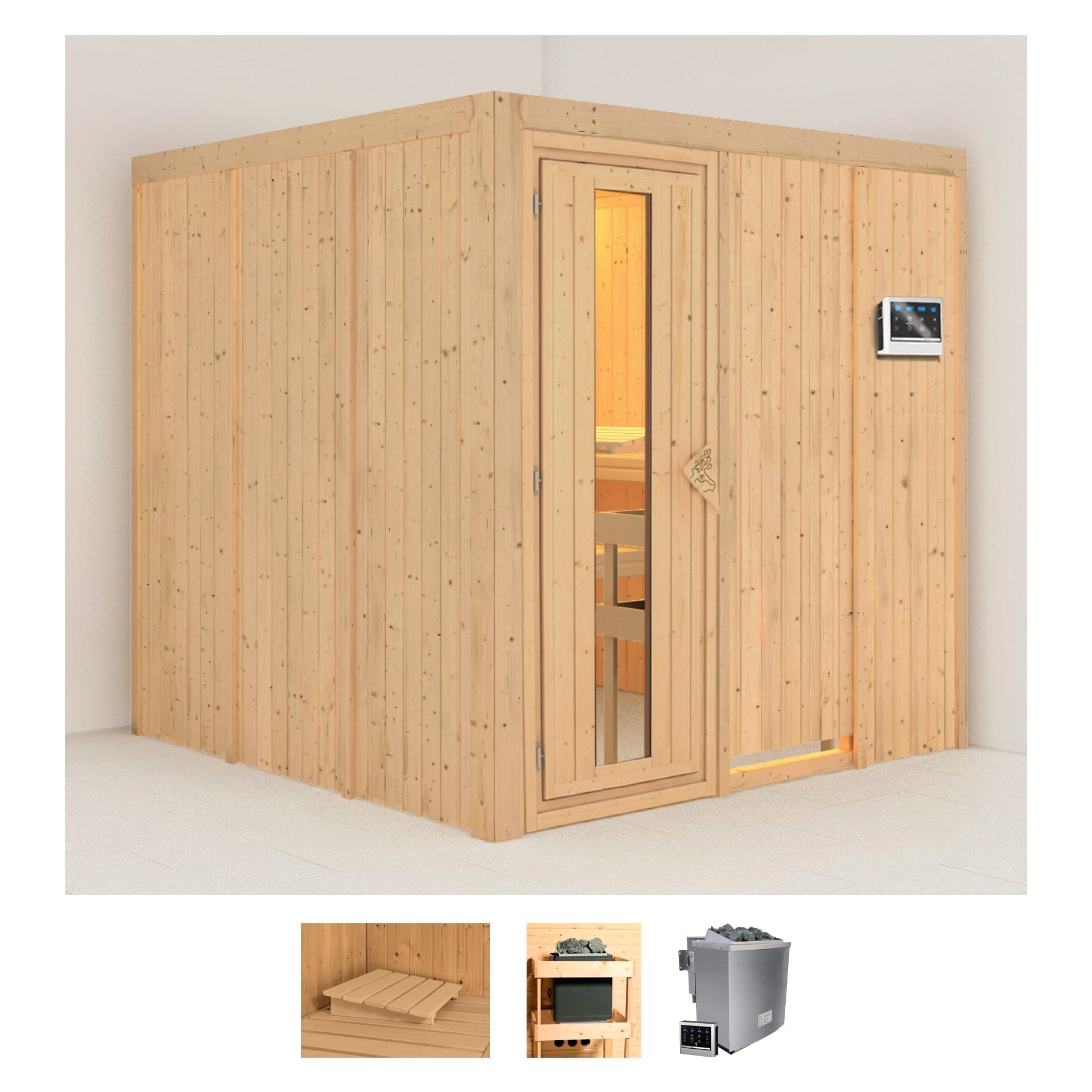 Karibu Sauna "Rodin", 9-kW-Bio-Ofen mit externer Steuerung