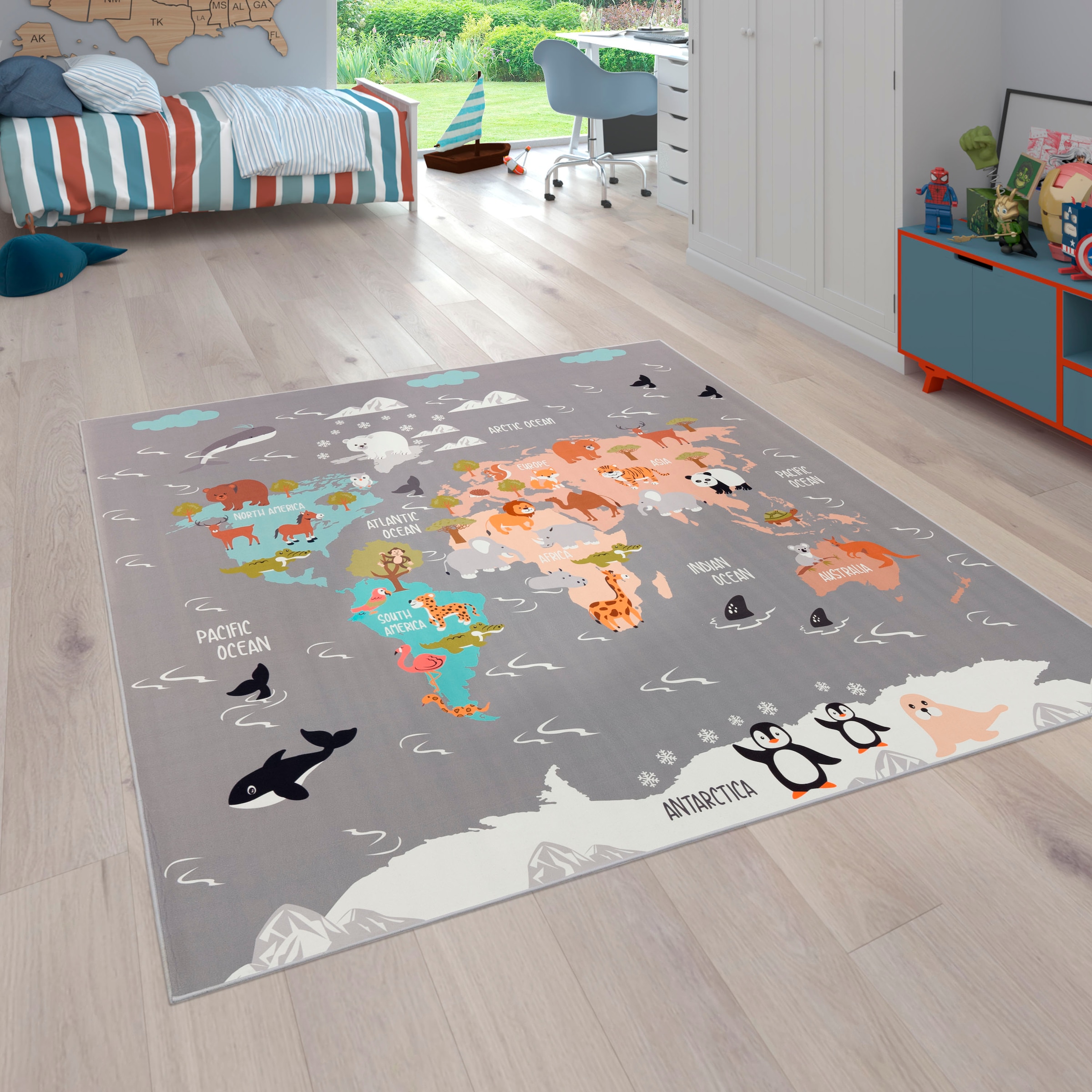 Kinderteppich »Bino 581«, rechteckig, Spielteppich, Motiv Weltkarte & Tiere, Kinderzimmer