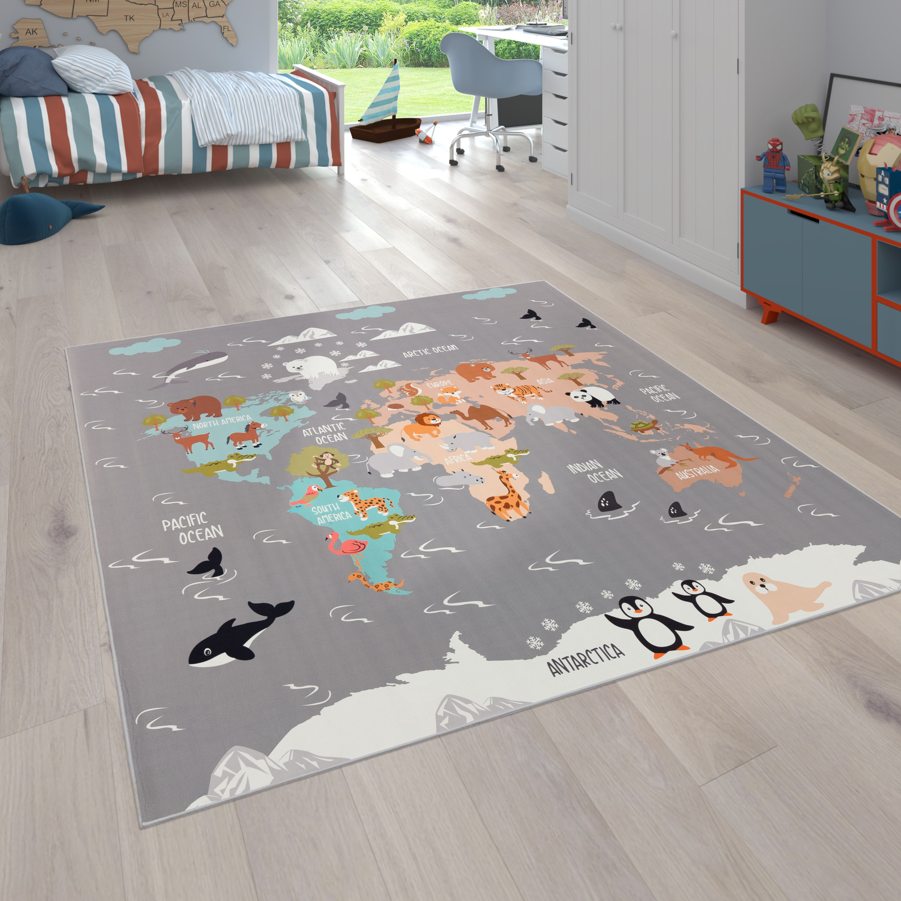 Paco Home Kinderteppich "Bino 581" rechteckig 4 mm Höhe Spielteppich, Motiv Weltkarte & Tiere, Kinderzimmer