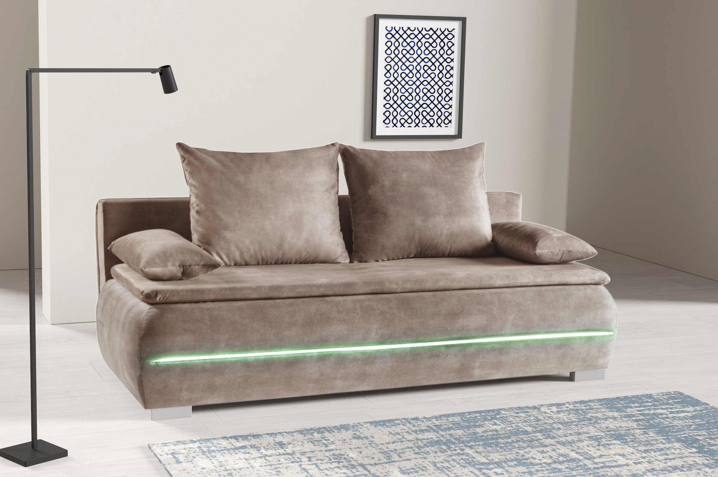 WERK2 Schlafsofa »Tekla 206 cm breit LED modern, Wellenunterfederung« Veloursstoff, Schlaffunktion, Bettkasten, LED-Beleuchtung