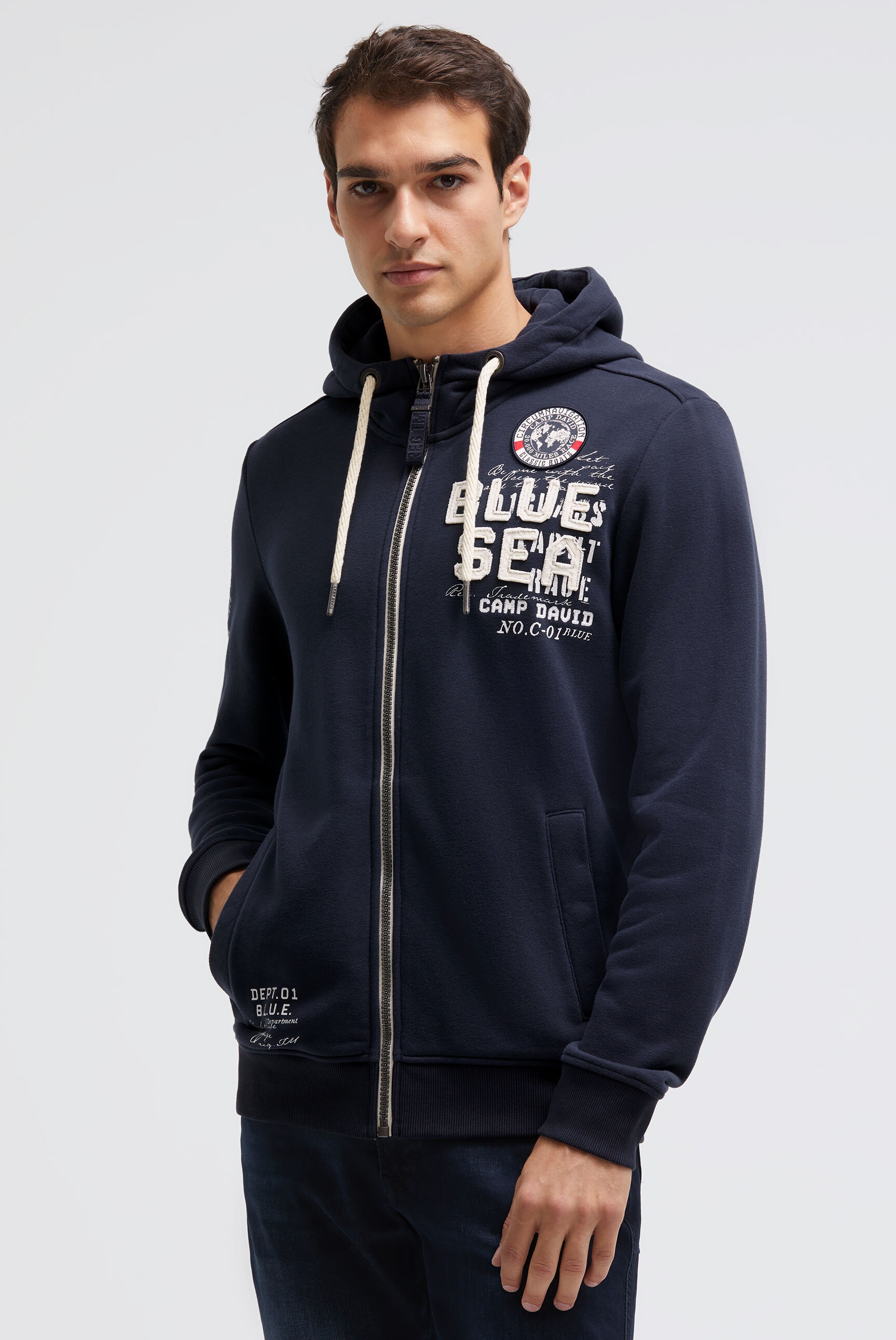 Kapuzensweatjacke CAMP DAVID, Herren, Gr. S, blau, Material: 65% Baumwolle, 35% Polyester, bedruckt, bestickt, regular fit normal, hoch geschlossener Ausschnitt, eingesetzt Rippbündchen, Sweatjacken, mit Baumwolle